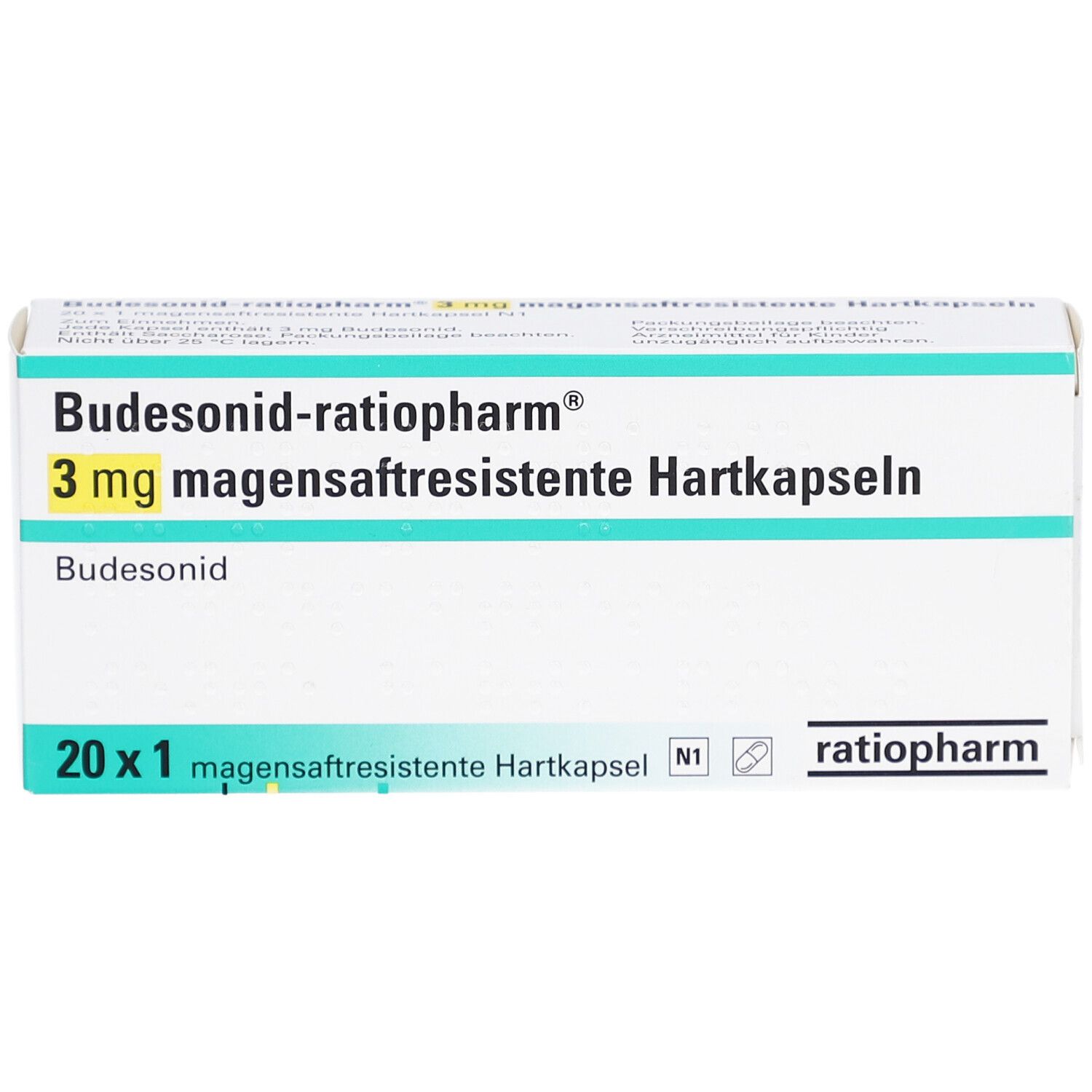 Weiße Schachtel mit grüner und blauer Schrift. Aufschrift: Budesonid-ratiopharm 3 mg magensaftresistente Hartkapseln. 20 x 1 Kapseln. ratiopharm Logo.