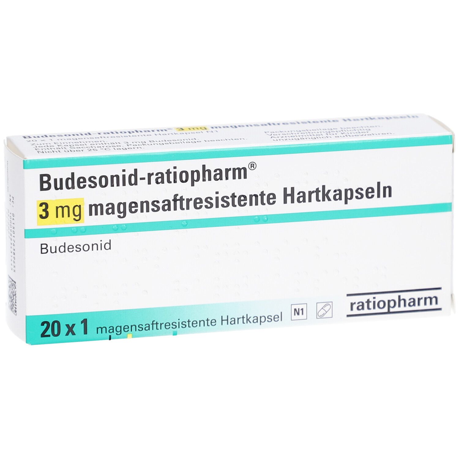 Weiße Schachtel mit grüner und blauer Schrift. Aufschrift: Budesonid-ratiopharm 3 mg magensaftresistente Hartkapseln. 20 x 1 Kapseln. ratiopharm Logo.