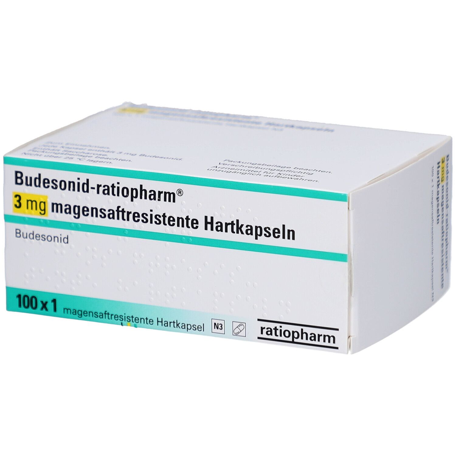 Weiße Schachtel mit Aufschrift BUDESONID-ratiopharm 3 mg magensaftresistente Hartkapseln. Packung mit 100 Kapseln.