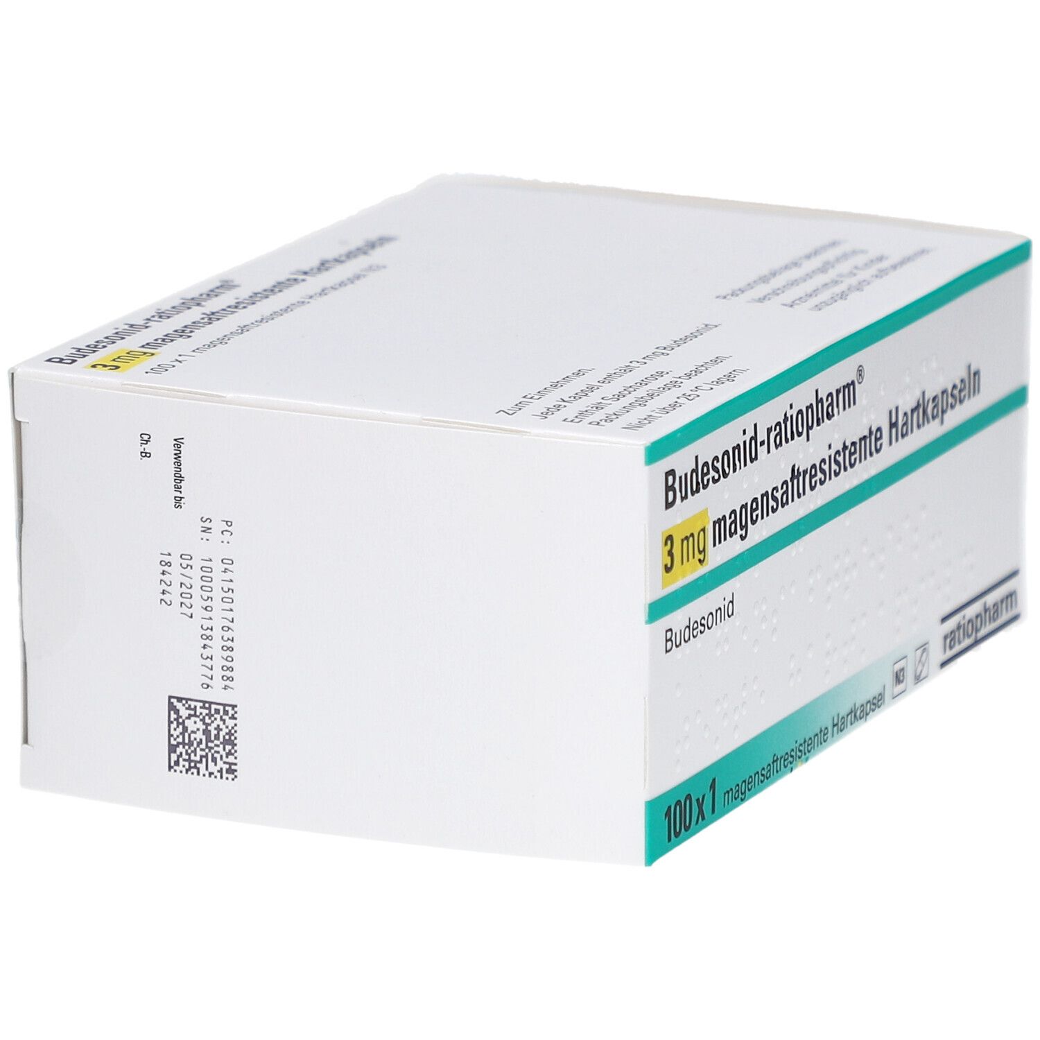 Weiße Schachtel mit Aufschrift BUDESONID-ratiopharm 3 mg magensaftresistente Hartkapseln. Packung mit 100 Kapseln.