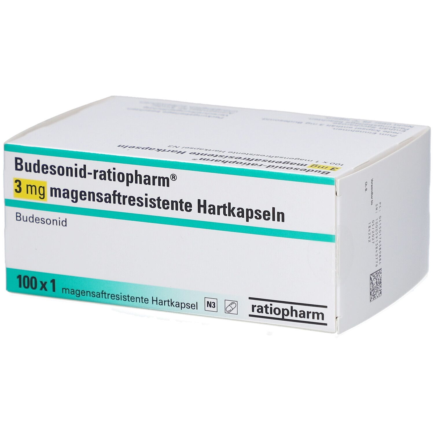 Weiße Schachtel mit Aufschrift BUDESONID-ratiopharm 3 mg magensaftresistente Hartkapseln. Packung mit 100 Kapseln.