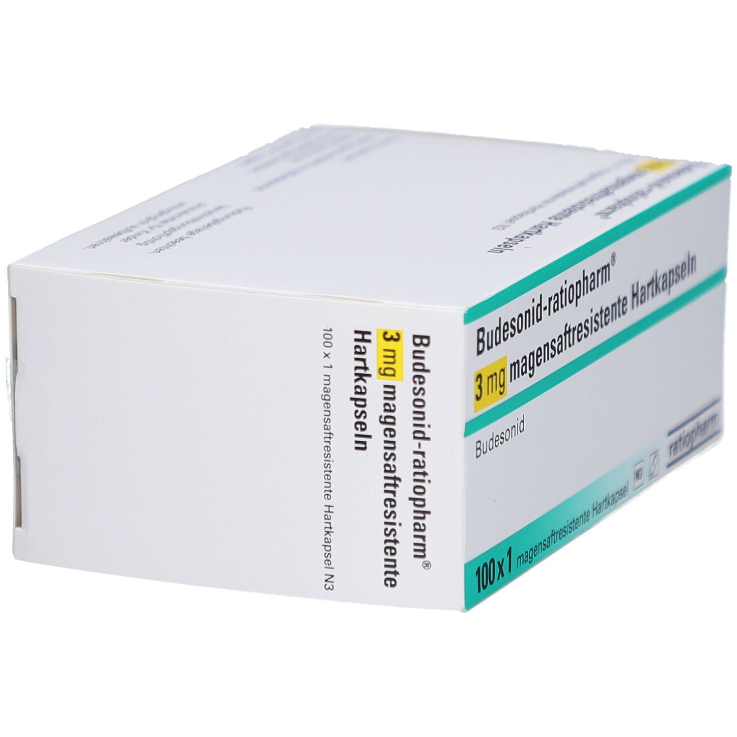 Weiße Schachtel mit Aufschrift BUDESONID-ratiopharm 3 mg magensaftresistente Hartkapseln. Packung mit 100 Kapseln.