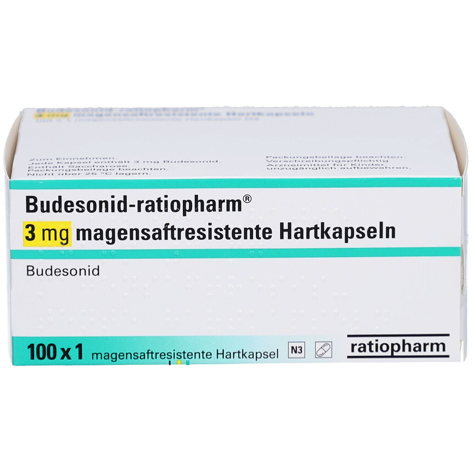 Weiße Schachtel mit Aufschrift BUDESONID-ratiopharm 3 mg magensaftresistente Hartkapseln. Packung mit 100 Kapseln.