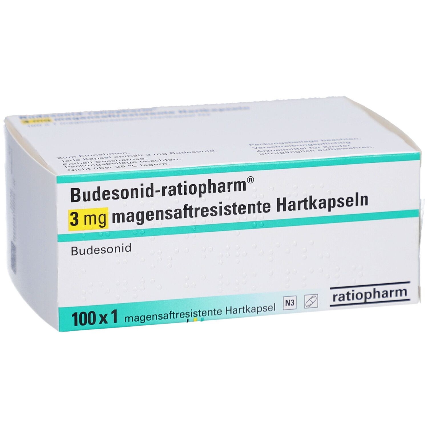 Weiße Schachtel mit Aufschrift BUDESONID-ratiopharm 3 mg magensaftresistente Hartkapseln. Packung mit 100 Kapseln.