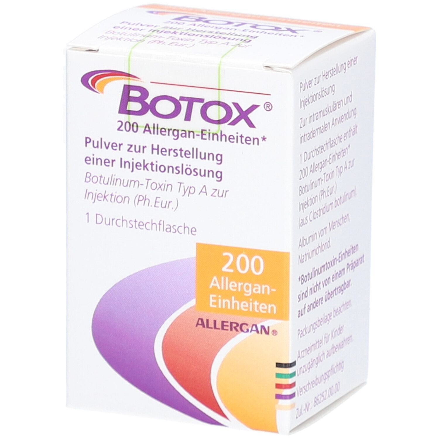 BOTOX-Verpackung. Enthält 200 Allergan-Einheiten. Pulver zur Herstellung einer Injektionslösung. 1 Durchstechflasche.
