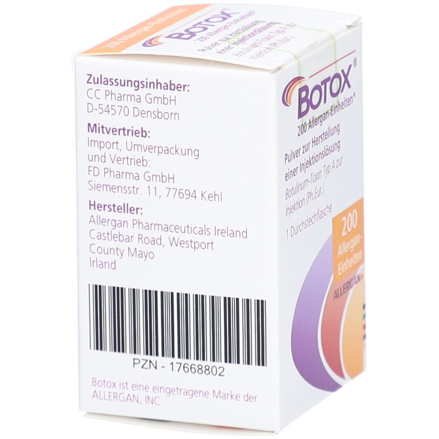 BOTOX-Verpackung. Rückseite mit Hersteller- und Vertriebsinformationen. Barcode und PZN-Nummer.