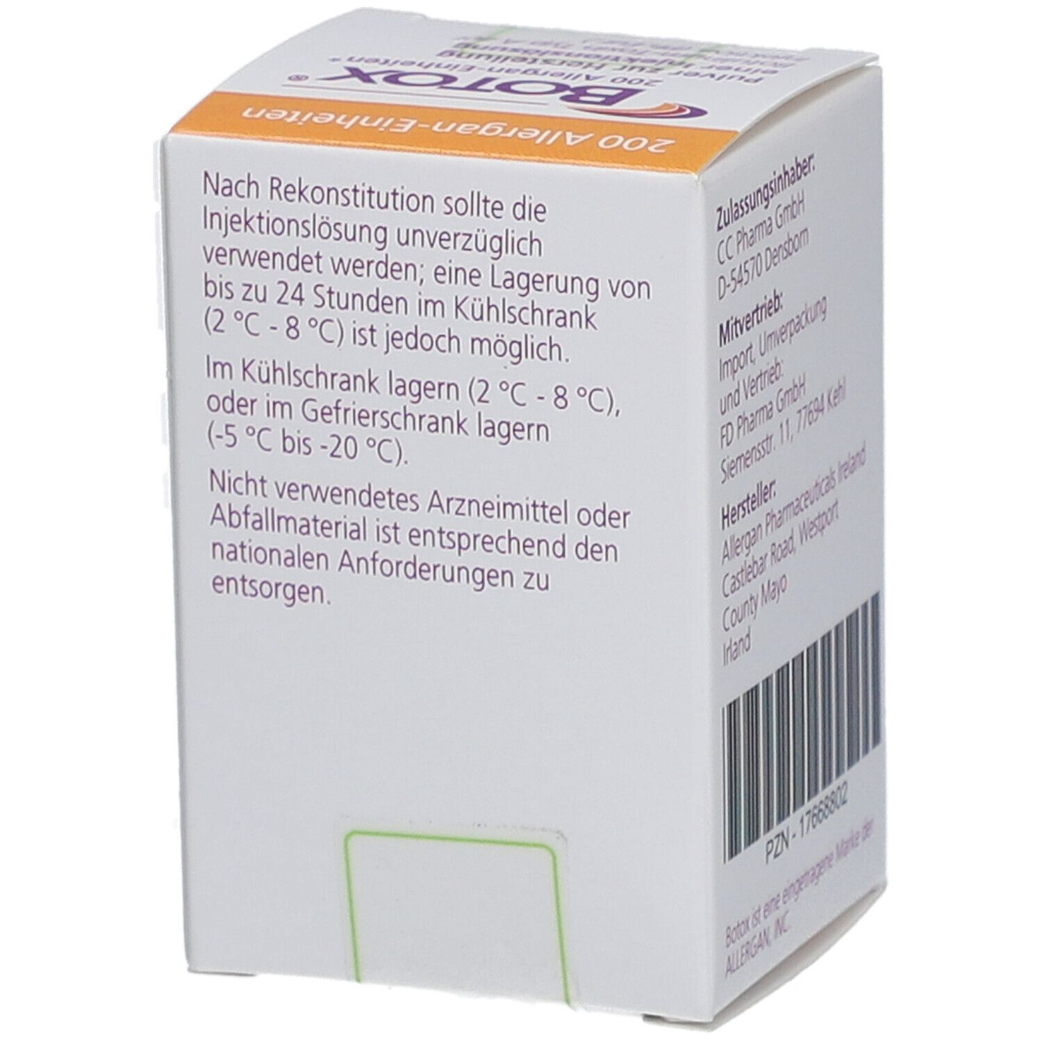 BOTOX-Verpackung. Seite mit Lagerhinweisen. Text in deutscher Sprache.