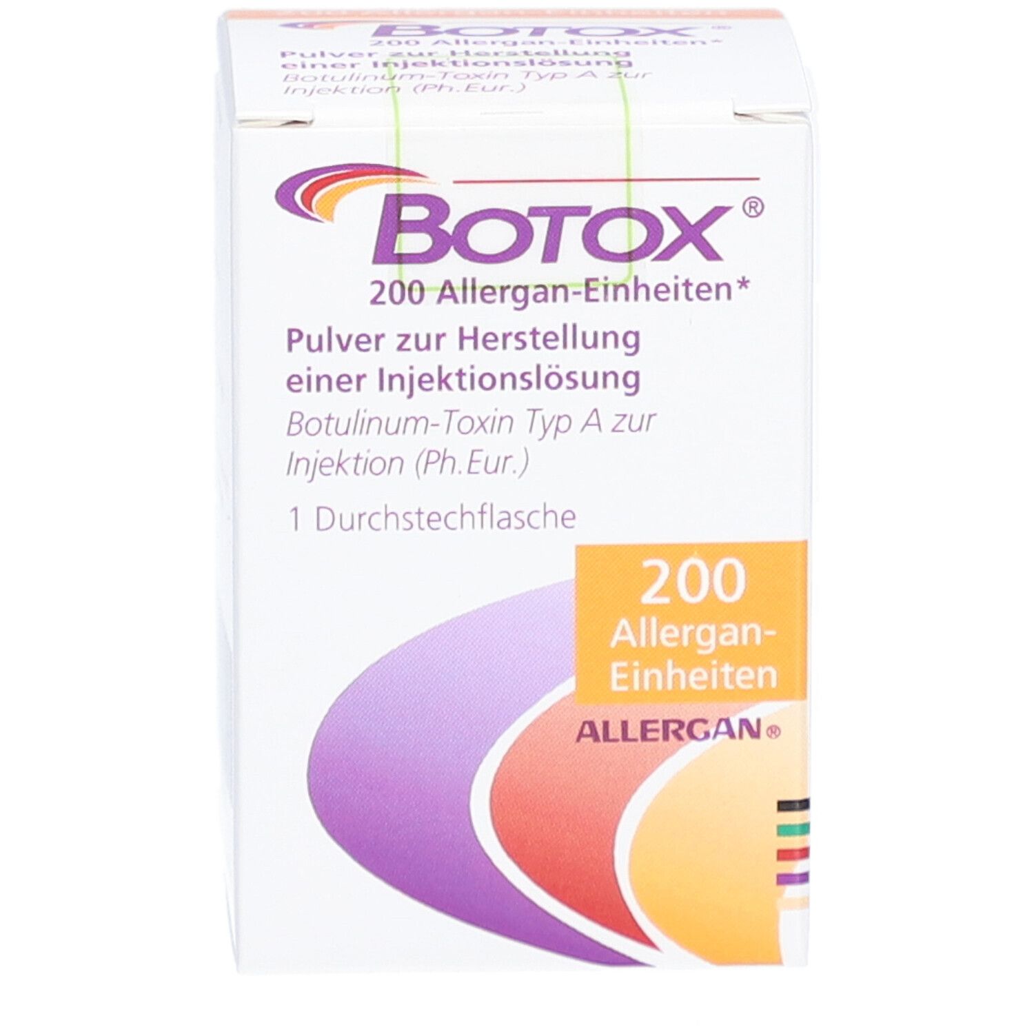 BOTOX-Verpackung. Vorderseite mit Produktnamen und Informationen. 200 Allergan-Einheiten.