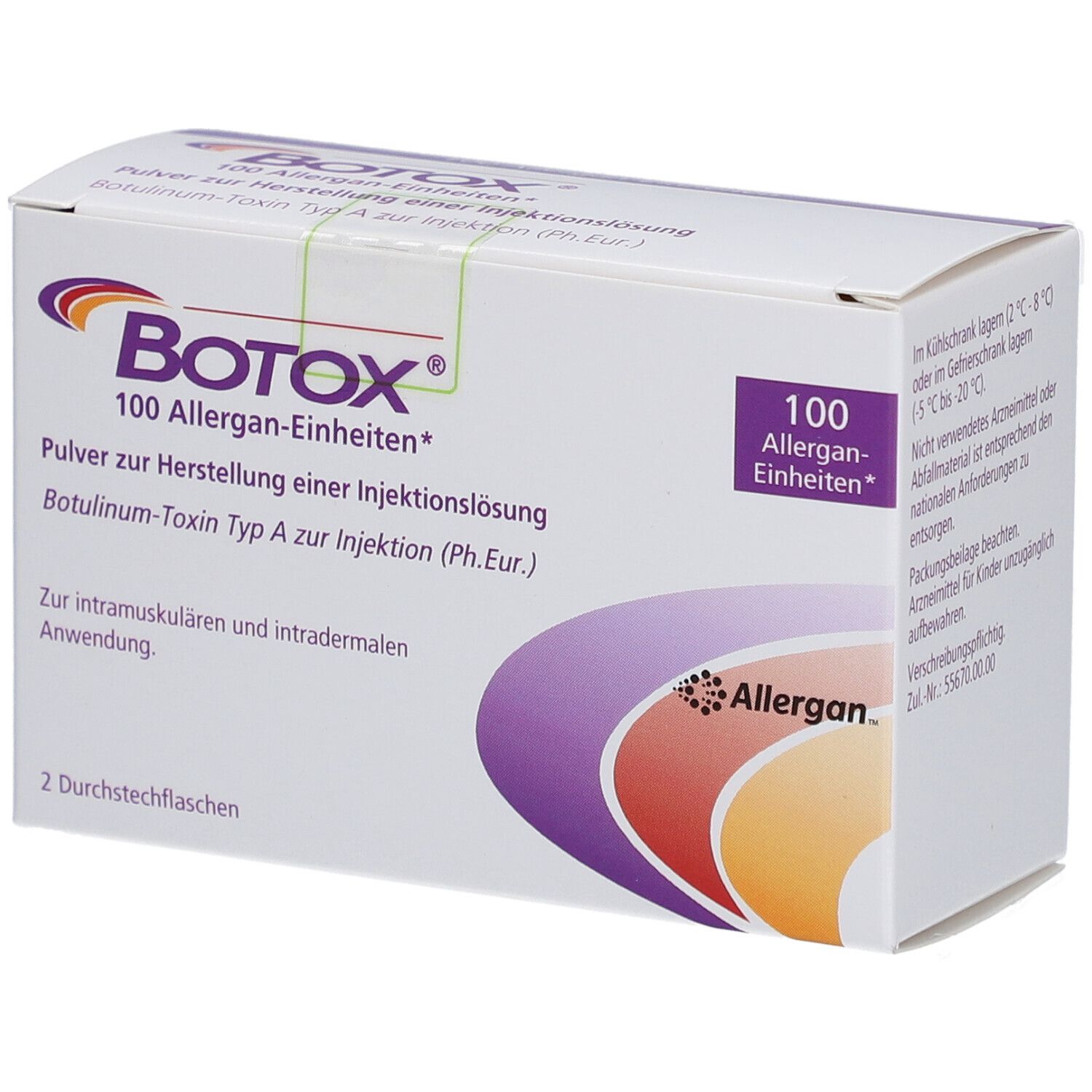 Weiße Verpackung mit BOTOX-Logo und Text. Enthält 100 Allergan-Einheiten. 2 Durchstechflaschen. Hersteller: Allergan.