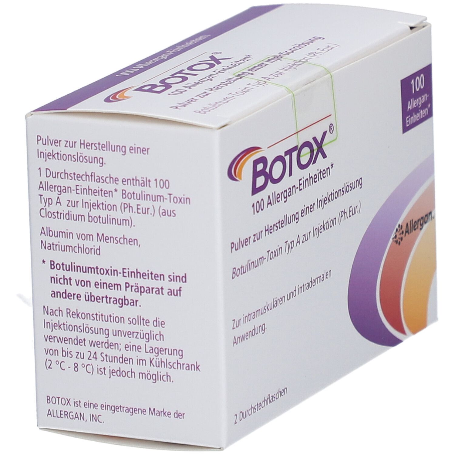 Schräg gestellte weiße Verpackung mit BOTOX-Logo und Text. Enthält 100 Allergan-Einheiten. Hersteller: Allergan.