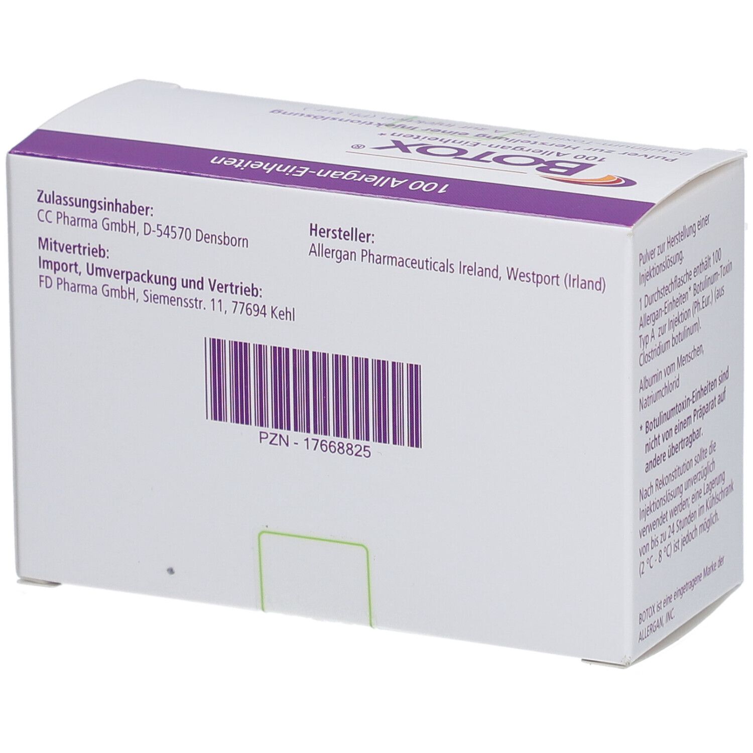 Weiße Verpackung mit Barcode und Text. Hersteller: Allergan. PZN-17668825.