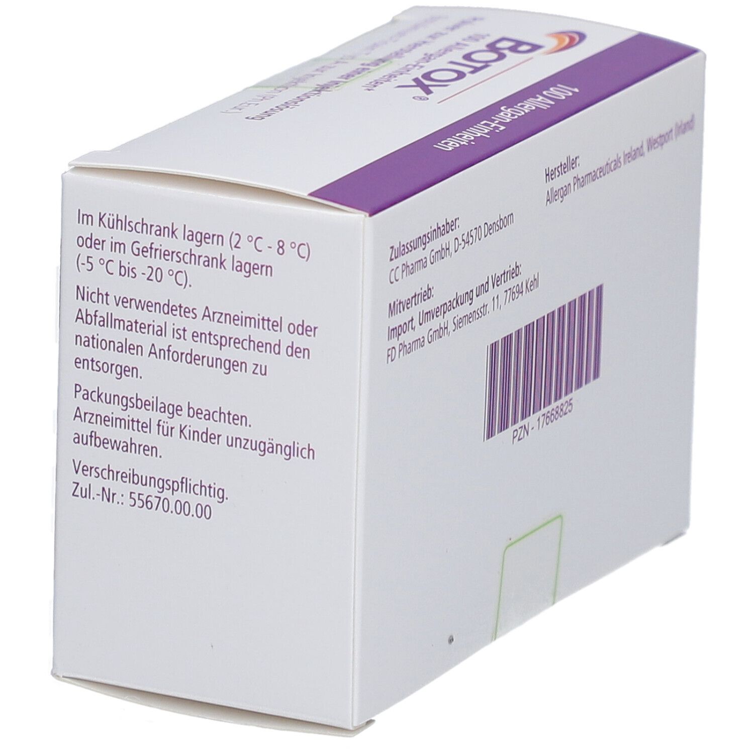 Weiße Verpackung mit Text. Hersteller: Allergan. PZN-17668825. Lagerungshinweise.