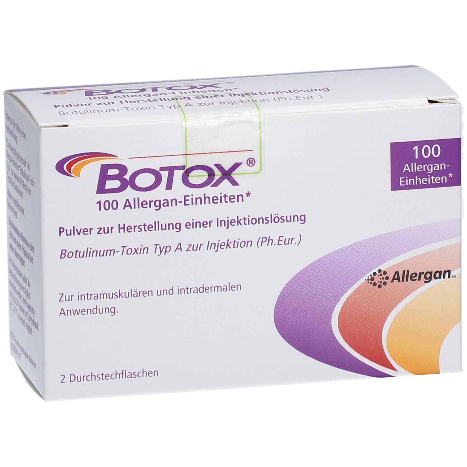 Weiße Verpackung mit BOTOX-Logo und Text. Enthält 100 Allergan-Einheiten. 2 Durchstechflaschen. Hersteller: Allergan.