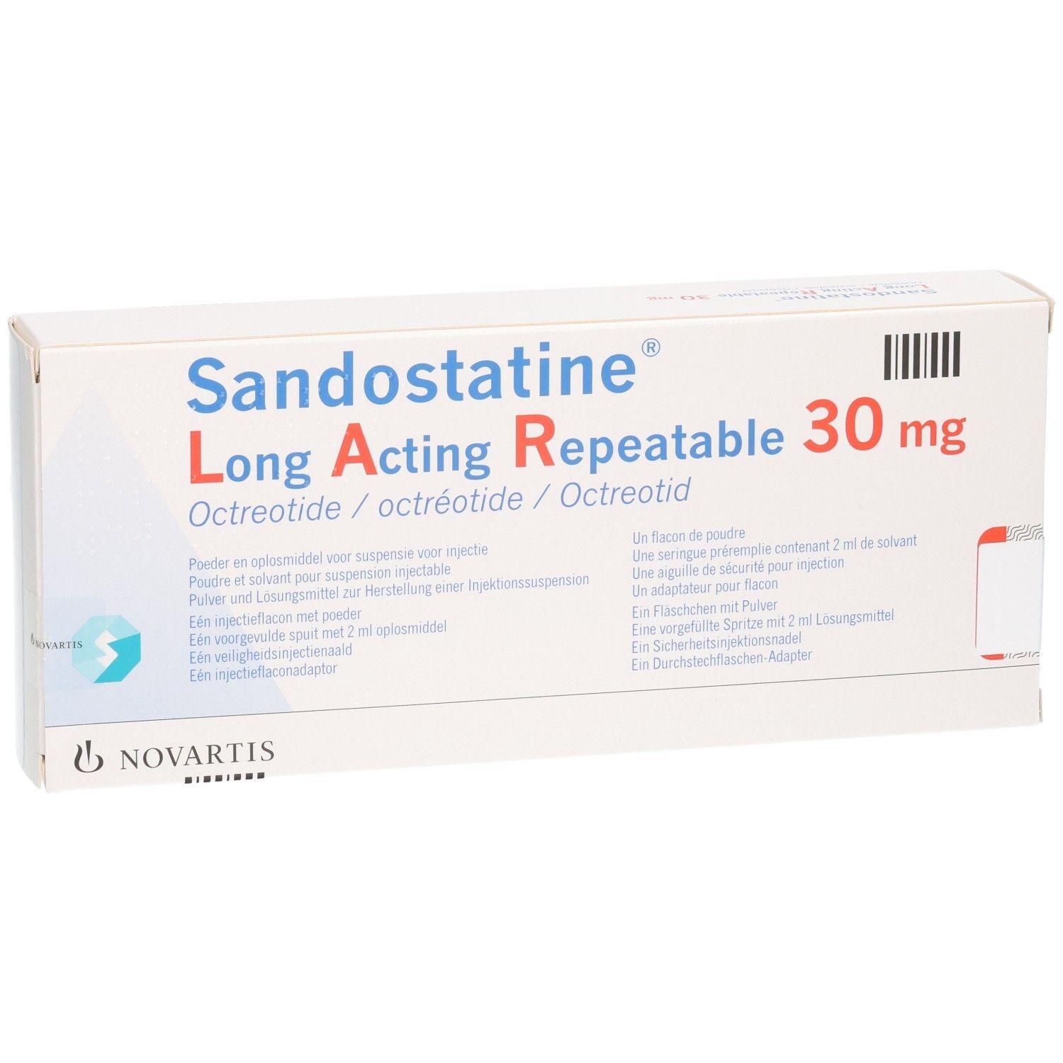 Sandostatine Long Acting Repeatable 30 mg Schachtel mit Pulver und Lösungsmittel für Injektionssuspension, Novartis.
