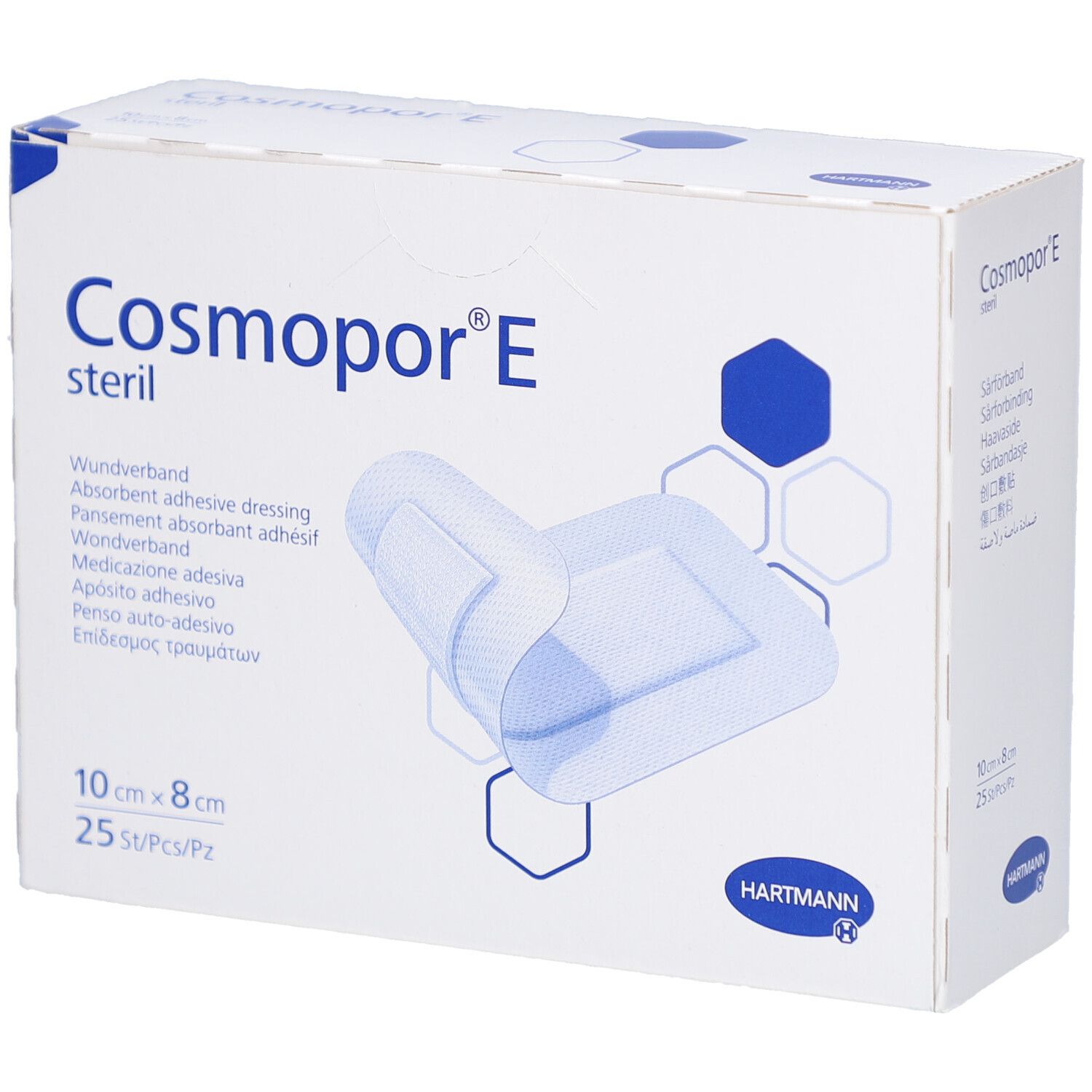 Verpackung von Cosmopor® E steril. Box mit Wundverband, 10cm x 8cm, 25 Stück. Hartmann Logo.