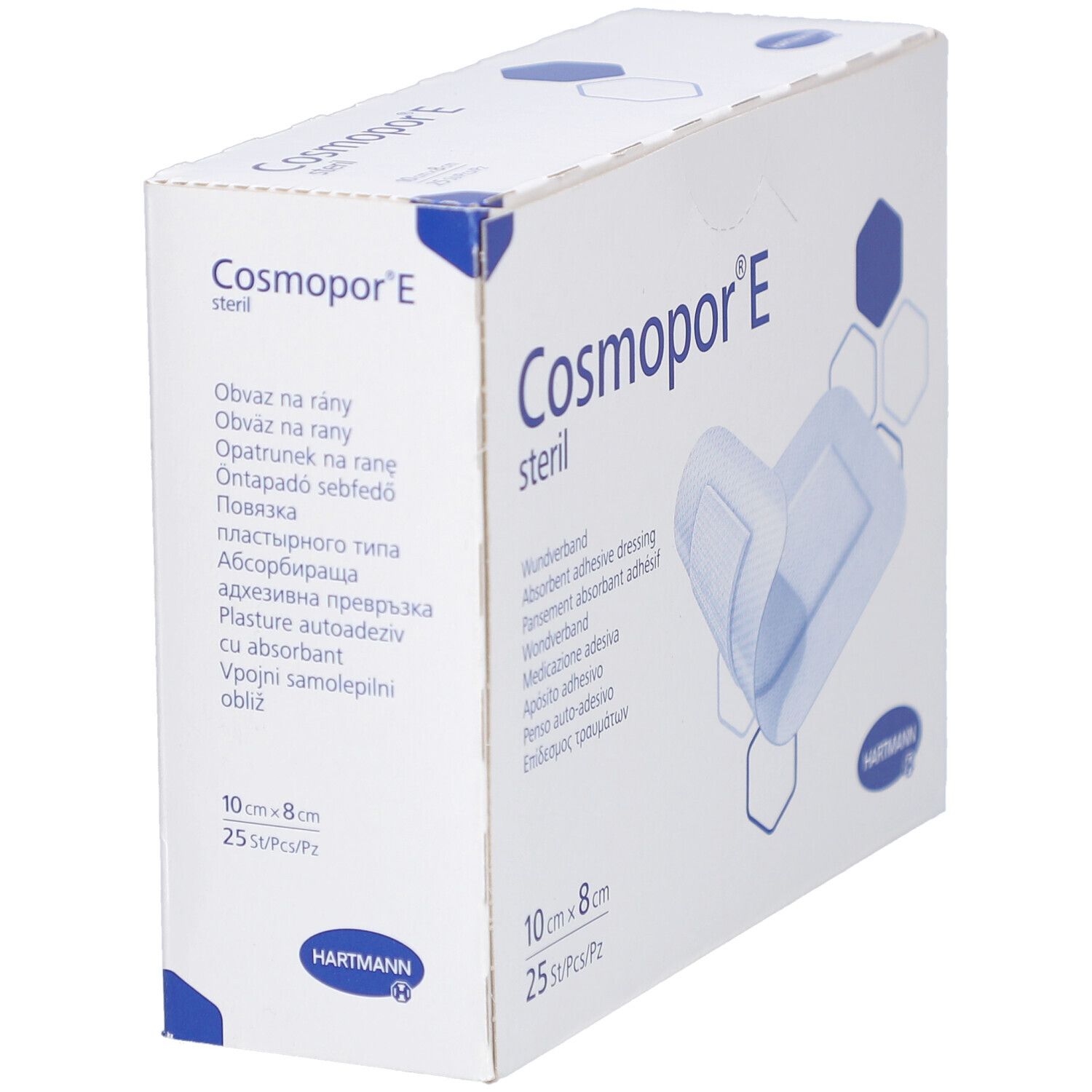 Box von Cosmopor® E steril. Wundverband, 10cm x 8cm, 25 Stück. Hartmann Logo.