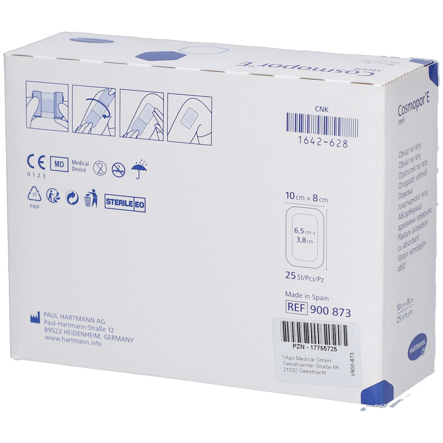 Rückseite der Box von Cosmopor® E steril. Produktinformationen, CE-Kennzeichnung, Steril-Logo, 10cm x 8cm.