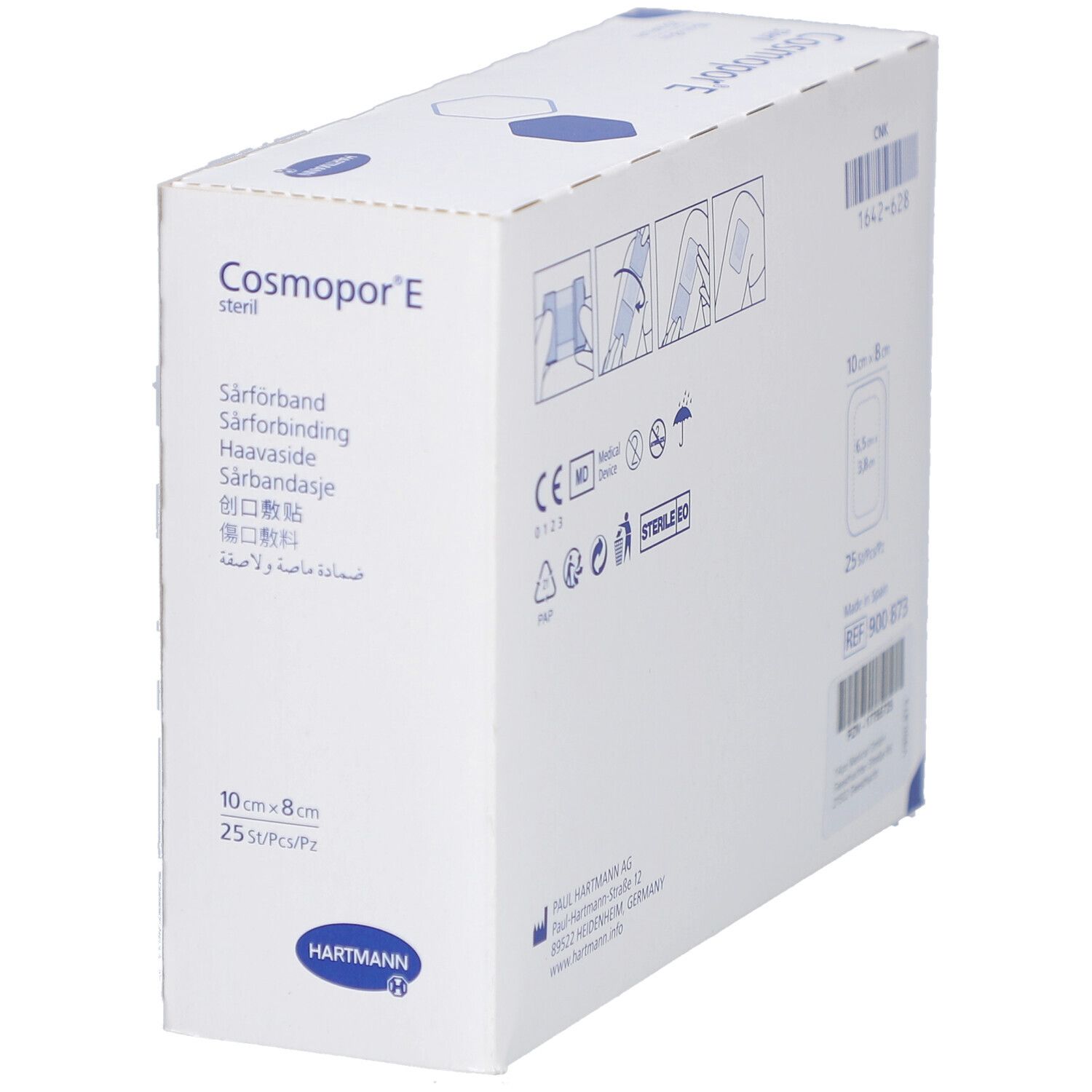 Box von Cosmopor® E steril. Wundverband, 10cm x 8cm, 25 Stück. Hartmann Logo.