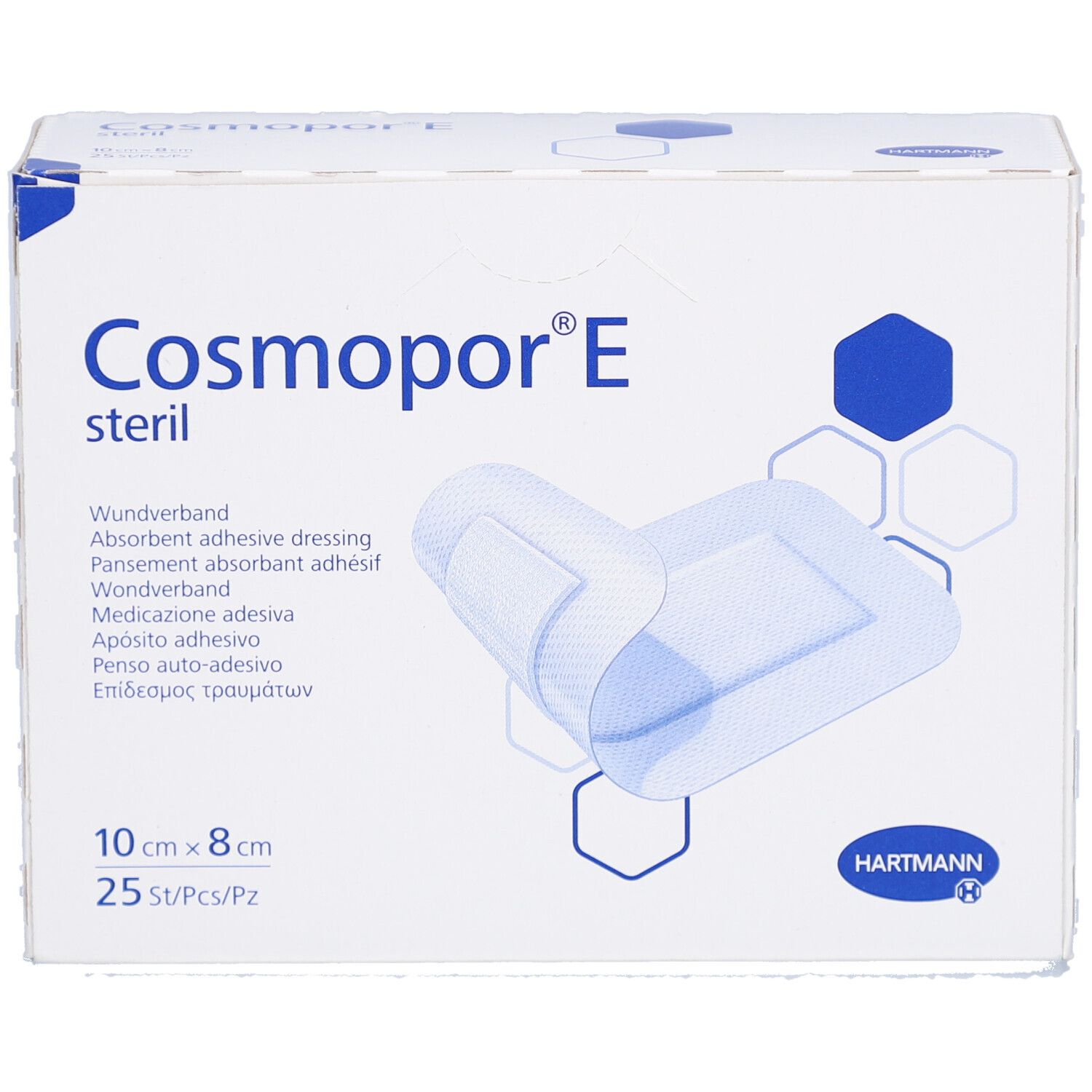 Verpackung von Cosmopor® E steril. Box mit Wundverband, 10cm x 8cm, 25 Stück. Hartmann Logo.
