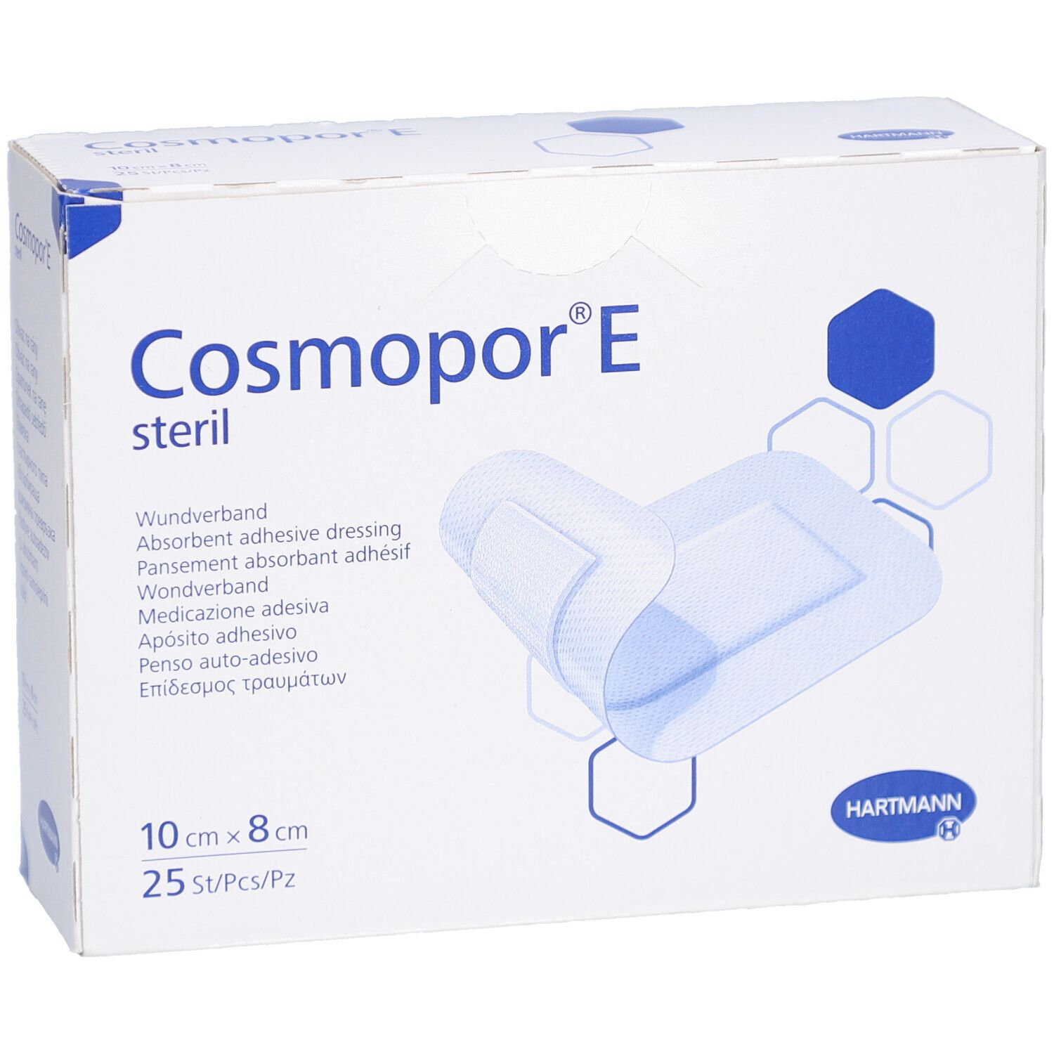 Verpackung von Cosmopor® E steril. Box mit Wundverband, 10cm x 8cm, 25 Stück. Hartmann Logo.