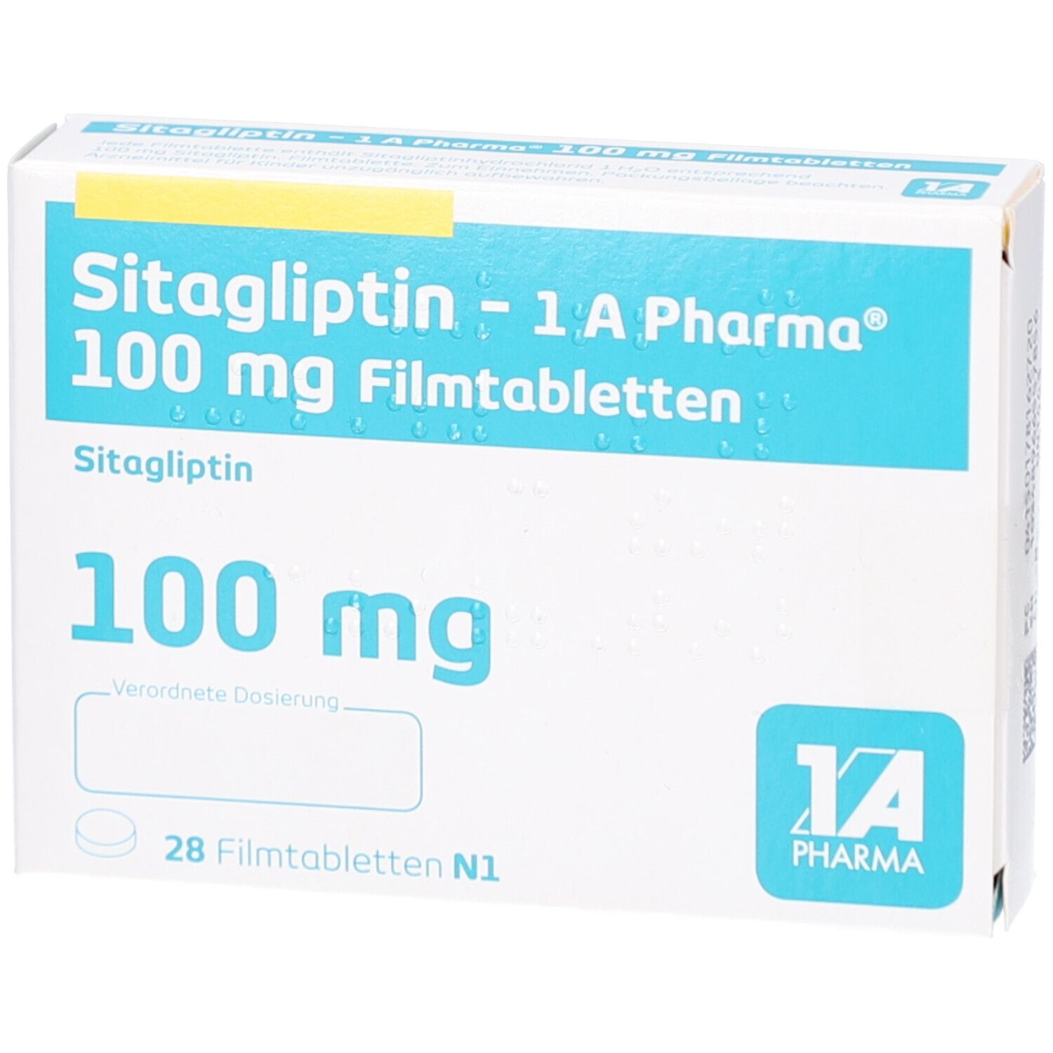 Schachtel mit SITAGLIPTIN-1A Pharma 100 mg Filmtabletten. Aufschrift: 100 mg, 28 Filmtabletten. Logo 1A Pharma.