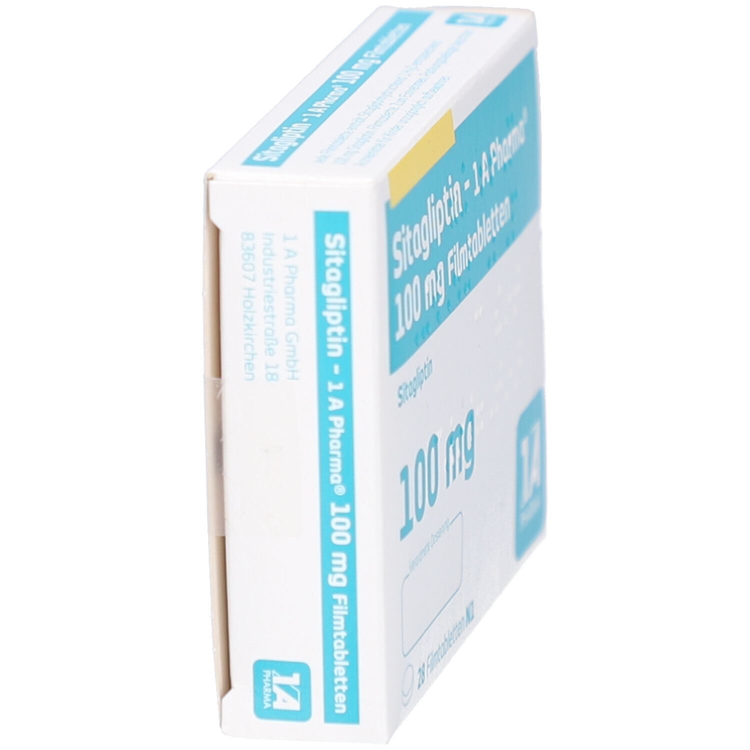 Schachtel SITAGLIPTIN-1A Pharma 100 mg Filmtabletten, schräg. Aufschrift: 100 mg, 28 Filmtabletten. Logo 1A Pharma. Herstelleradresse.