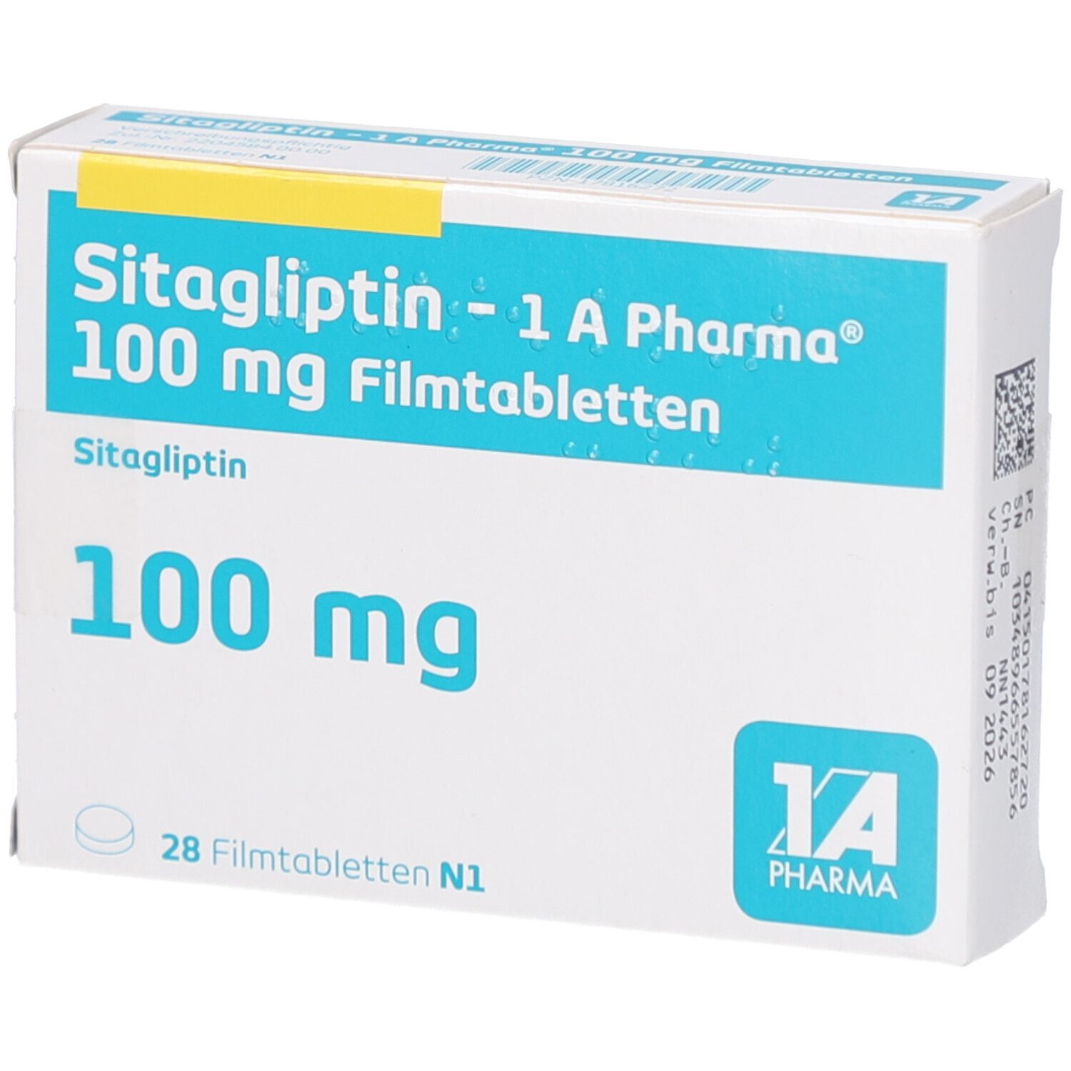 Schachtel mit SITAGLIPTIN-1A Pharma 100 mg Filmtabletten. Aufschrift: 100 mg, 28 Filmtabletten. Logo 1A Pharma. Verfallsdatum.