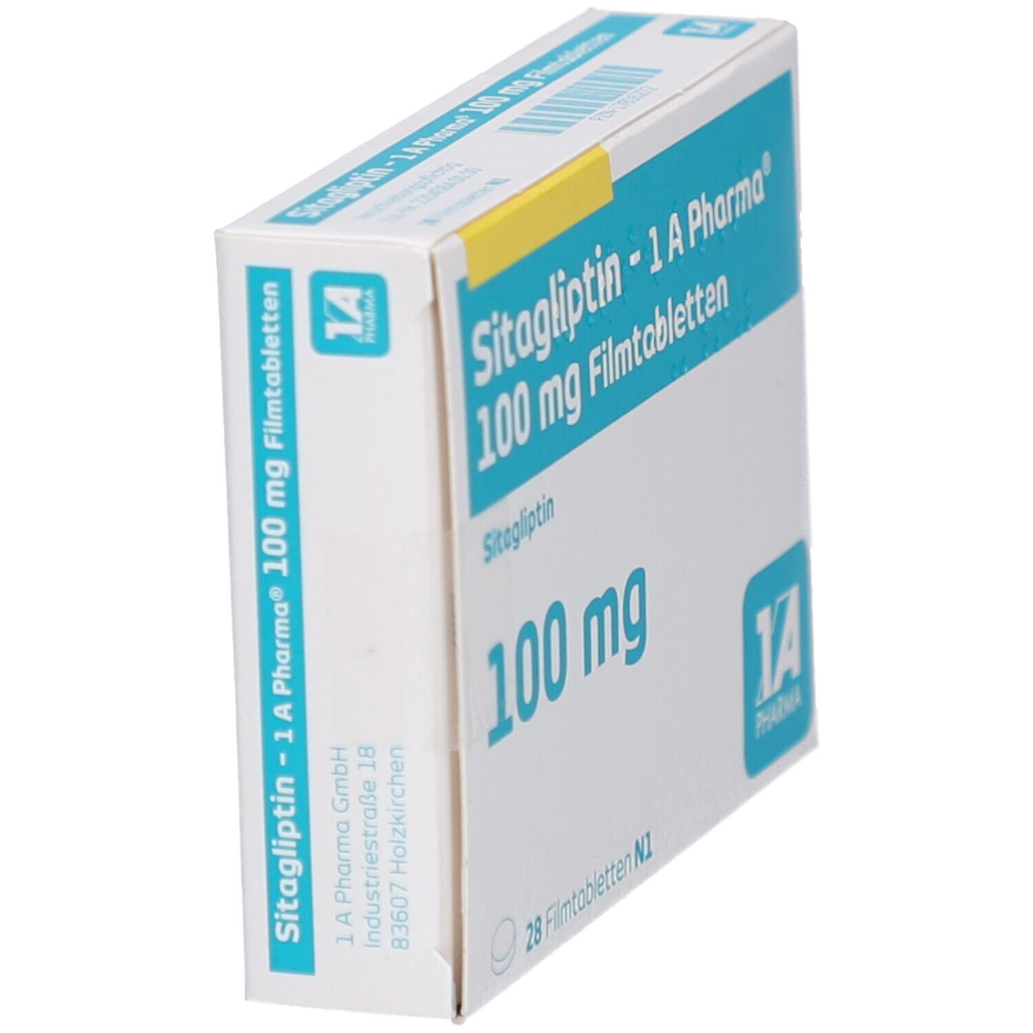 Schachtel SITAGLIPTIN-1A Pharma 100 mg Filmtabletten, schräg. Aufschrift: 100 mg, 28 Filmtabletten. Logo 1A Pharma. Herstelleradresse.