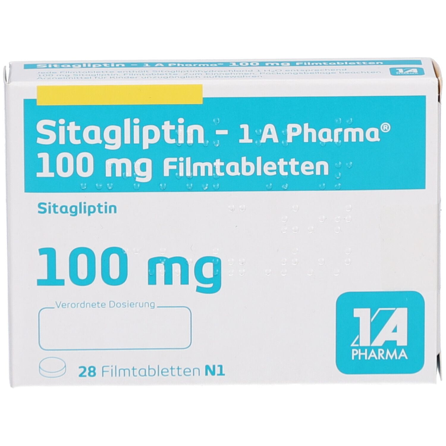 Schachtel mit SITAGLIPTIN-1A Pharma 100 mg Filmtabletten. Aufschrift: 100 mg, 28 Filmtabletten. Logo 1A Pharma. Dosierungsfeld.