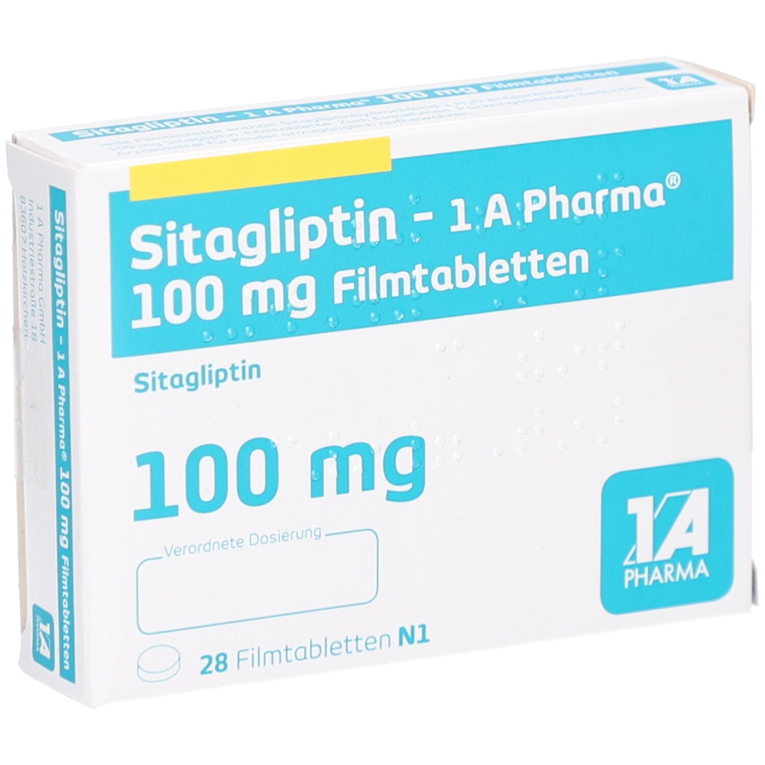 Schachtel mit SITAGLIPTIN-1A Pharma 100 mg Filmtabletten. Aufschrift: 100 mg, 28 Filmtabletten. Logo 1A Pharma. Dosierungsfeld.