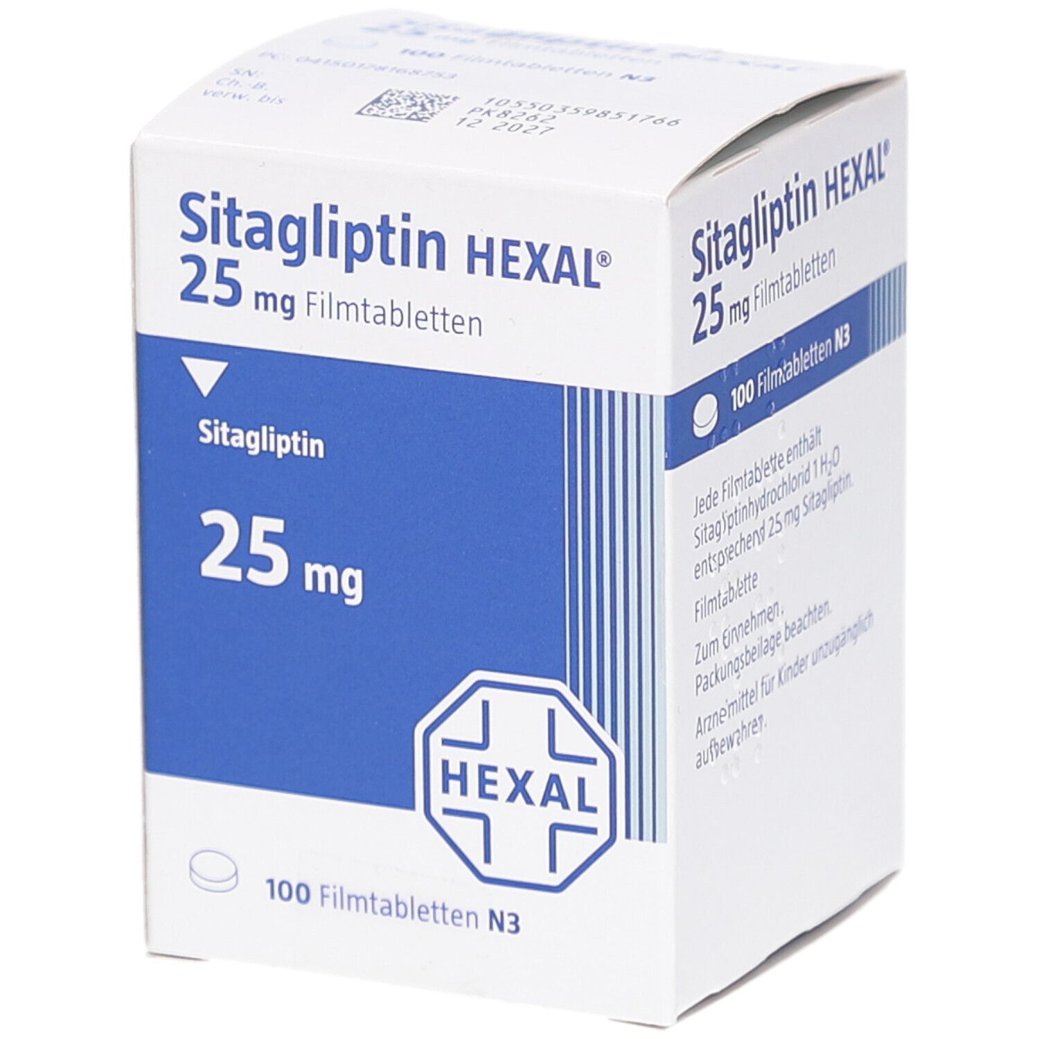 Weiße Arzneimittelverpackung mit blauer Beschriftung. Aufschrift: Sitagliptin HEXAL 25 mg Filmtabletten. HEXAL-Logo.