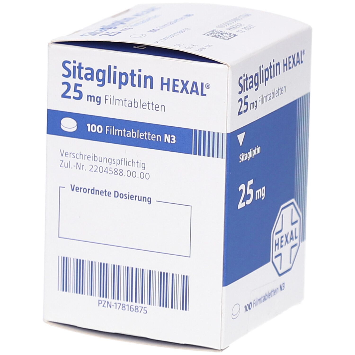 Weiße Arzneimittelverpackung mit blauer Beschriftung. Aufschrift: Sitagliptin HEXAL 25 mg Filmtabletten. HEXAL-Logo. Rückseite mit Text.
