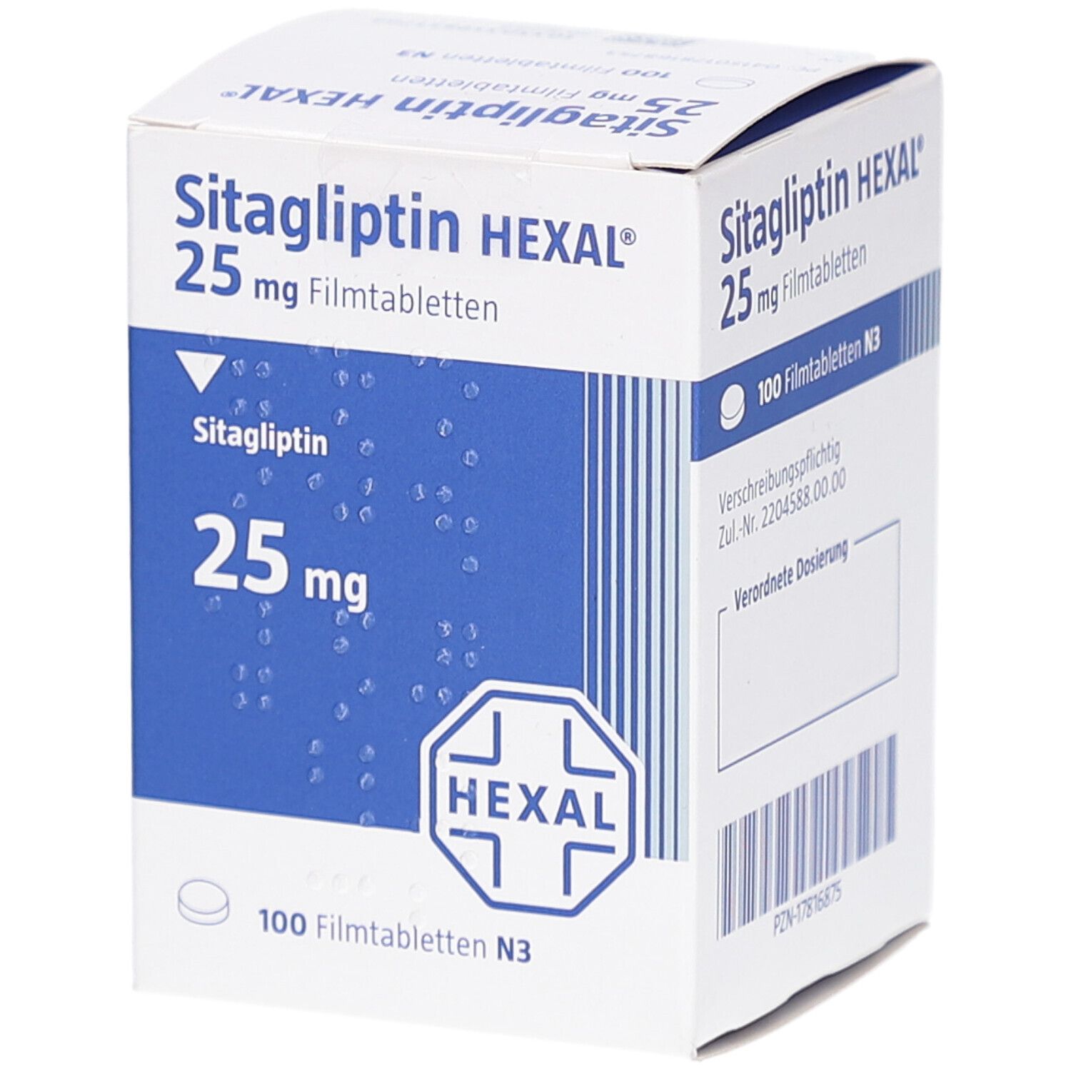 Weiße Arzneimittelverpackung mit blauer Beschriftung. Aufschrift: Sitagliptin HEXAL 25 mg Filmtabletten. HEXAL-Logo. Rückseite mit Text.