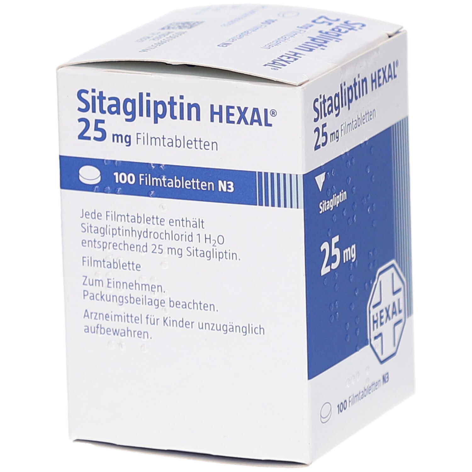 Weiße Arzneimittelverpackung mit blauer Beschriftung. Aufschrift: Sitagliptin HEXAL 25 mg Filmtabletten. HEXAL-Logo. Rückseite mit Text.