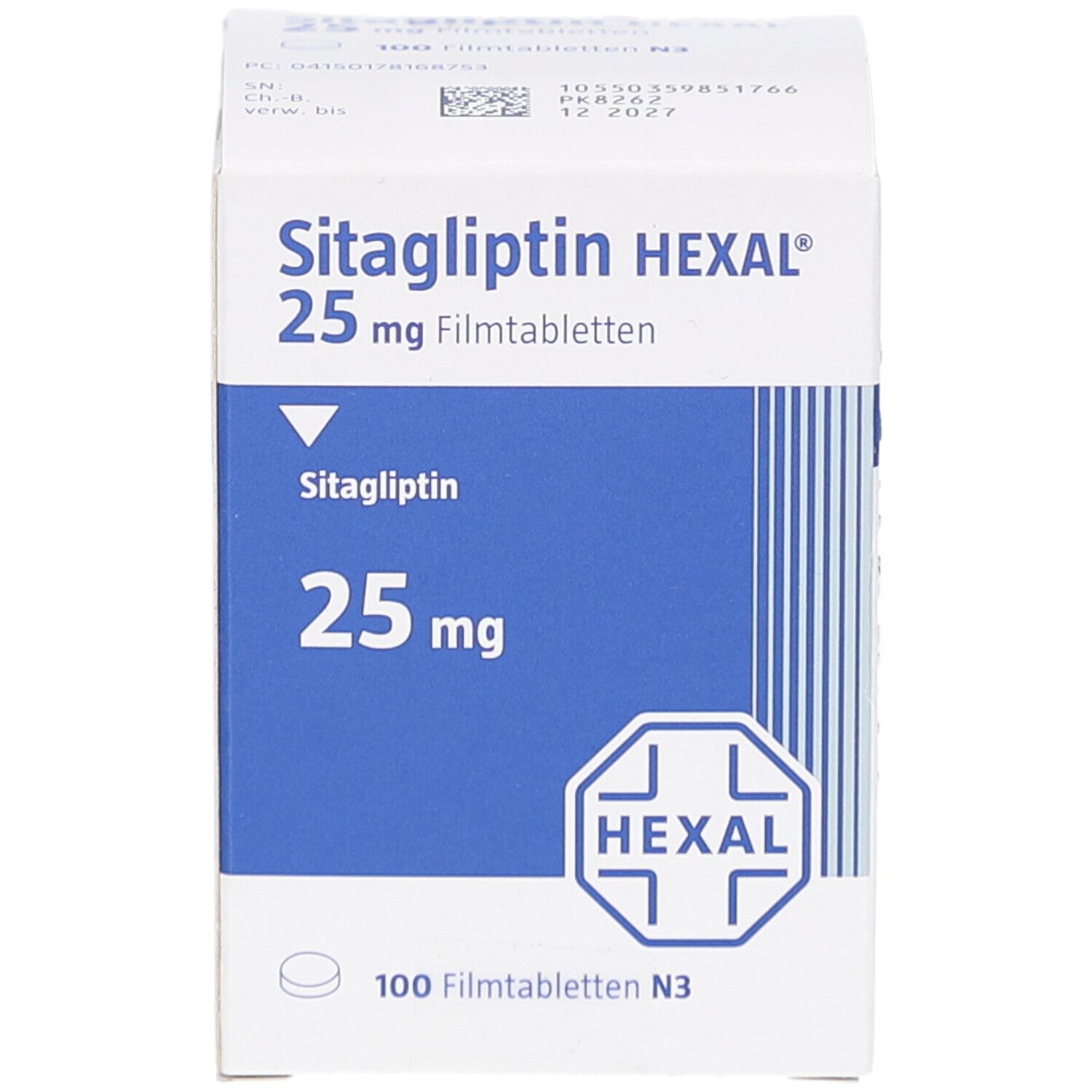 Weiße Arzneimittelverpackung mit blauer Beschriftung. Aufschrift: Sitagliptin HEXAL 25 mg Filmtabletten. HEXAL-Logo.