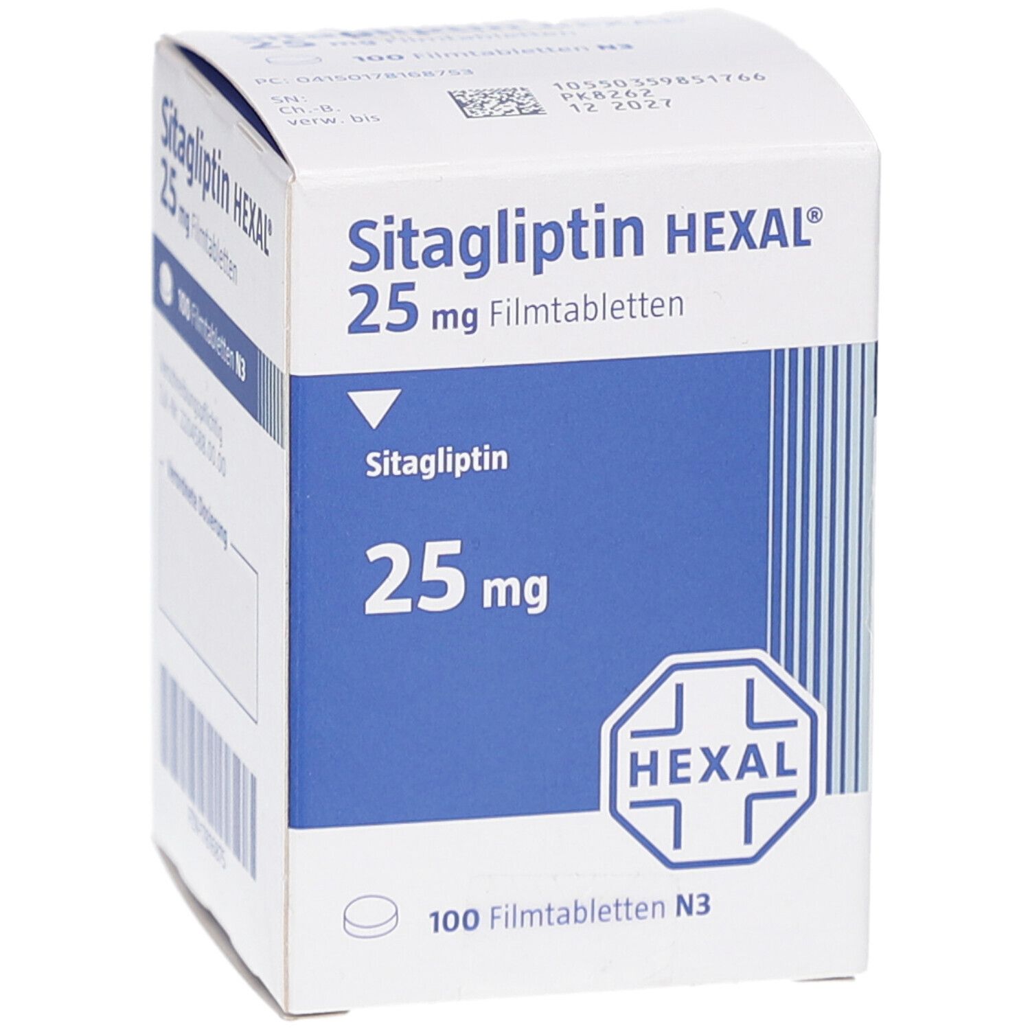 Weiße Arzneimittelverpackung mit blauer Beschriftung. Aufschrift: Sitagliptin HEXAL 25 mg Filmtabletten. HEXAL-Logo.