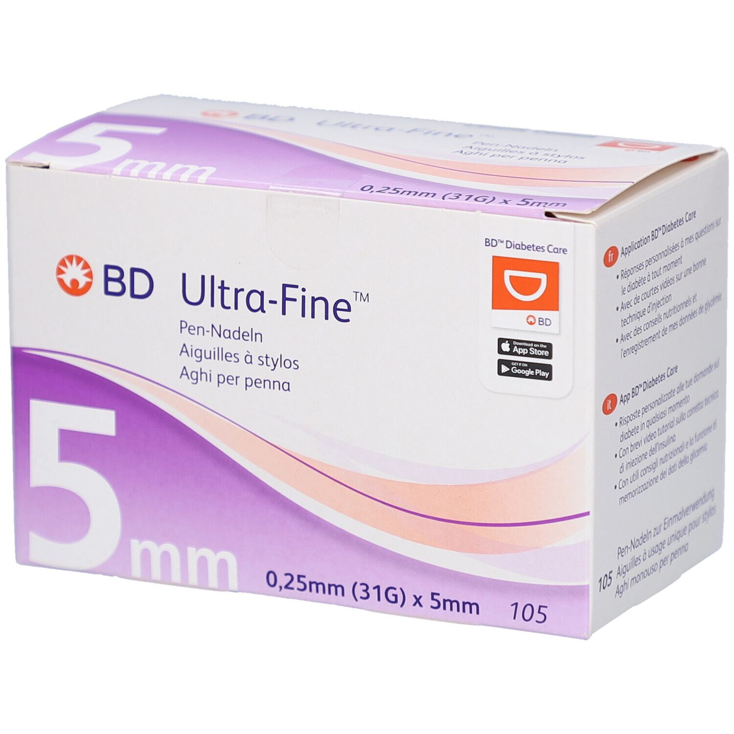 Verpackung mit BD Ultra-Fine Pen-Nadeln. 5 mm Nadeln, 0,25 mm (31G). 105 Stück. Orangefarbenes Logo.
