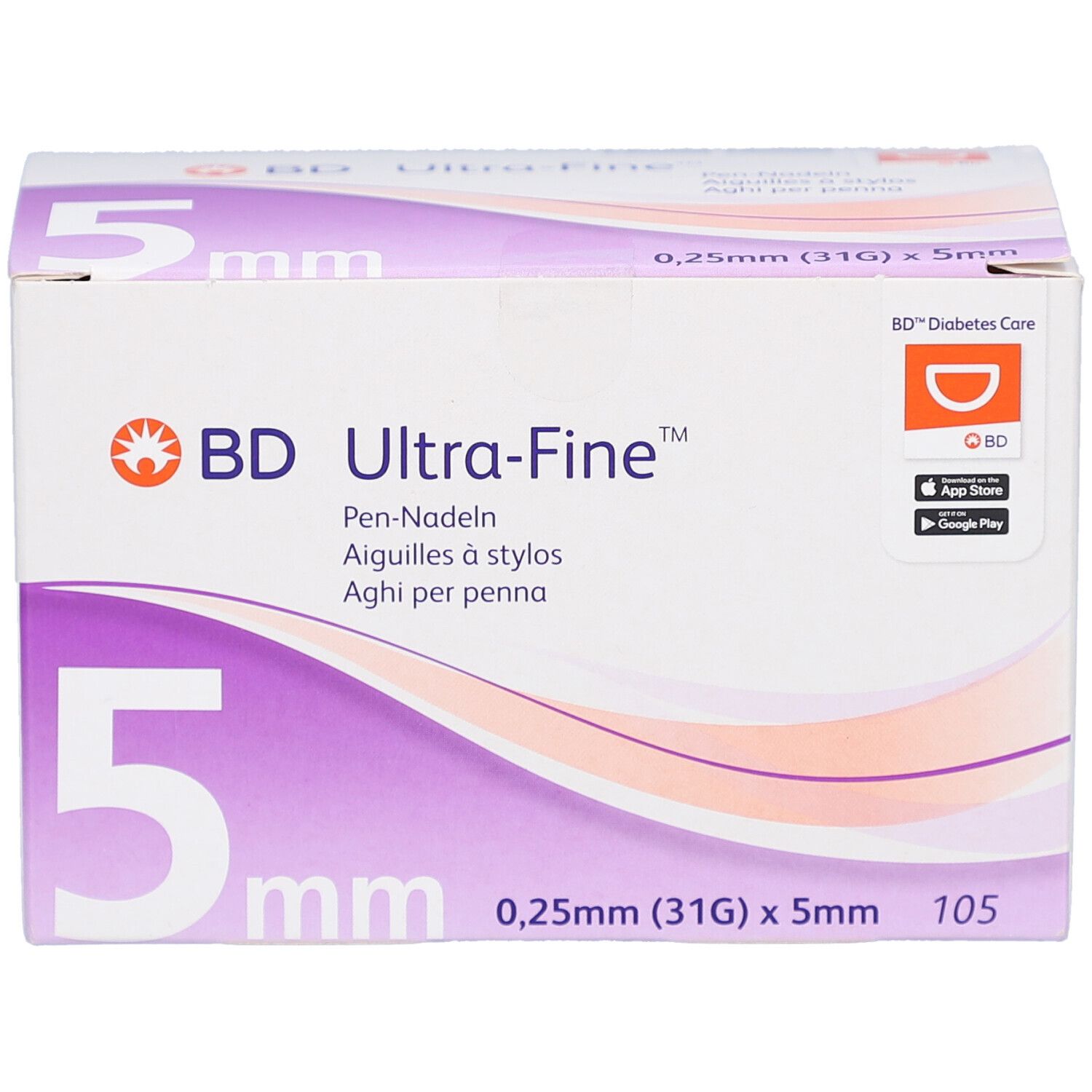 Verpackung BD Ultra-Fine Pen-Nadeln. 5 mm Nadeln, 0,25 mm (31G). 105 Stück. Lila und weiß.