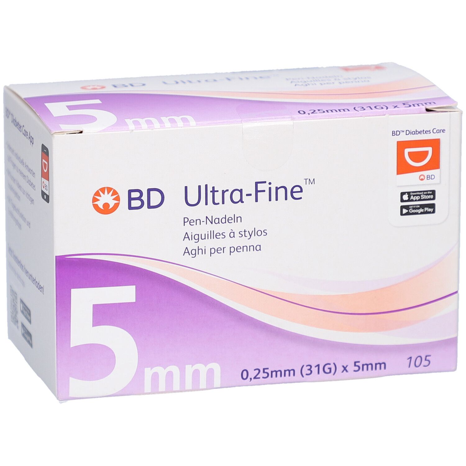 Verpackung BD Ultra-Fine Pen-Nadeln. 5 mm Nadeln, 0,25 mm (31G). 105 Stück. Lila und weiß.
