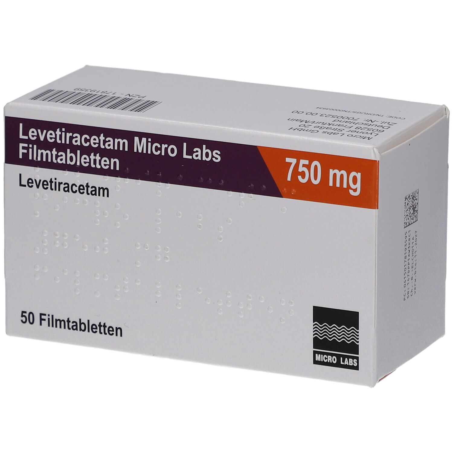 Schachtel mit LEVETIRACETAM Micro Labs 750 mg Filmtabletten. Aufschrift: 50 Filmtabletten. Logo Micro Labs.