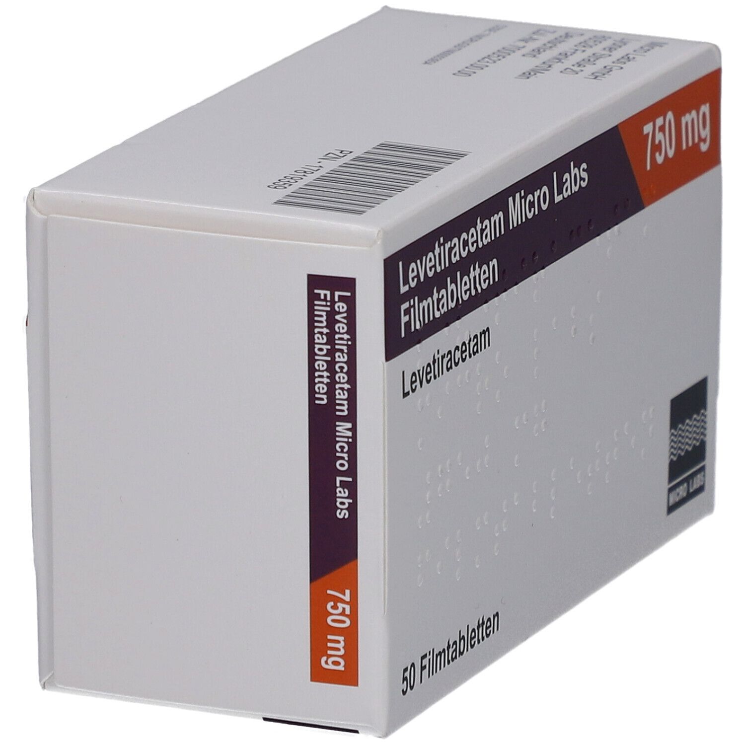 Schachtel LEVETIRACETAM Micro Labs 750 mg Filmtabletten. Aufschrift: 750 mg. Logo Micro Labs. Seitenansicht.
