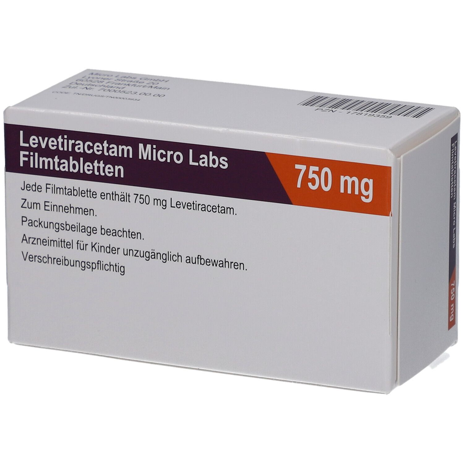 Schachtel LEVETIRACETAM Micro Labs 750 mg Filmtabletten. Text: Enthält 750 mg Levetiracetam. Packungsbeilage beachten.