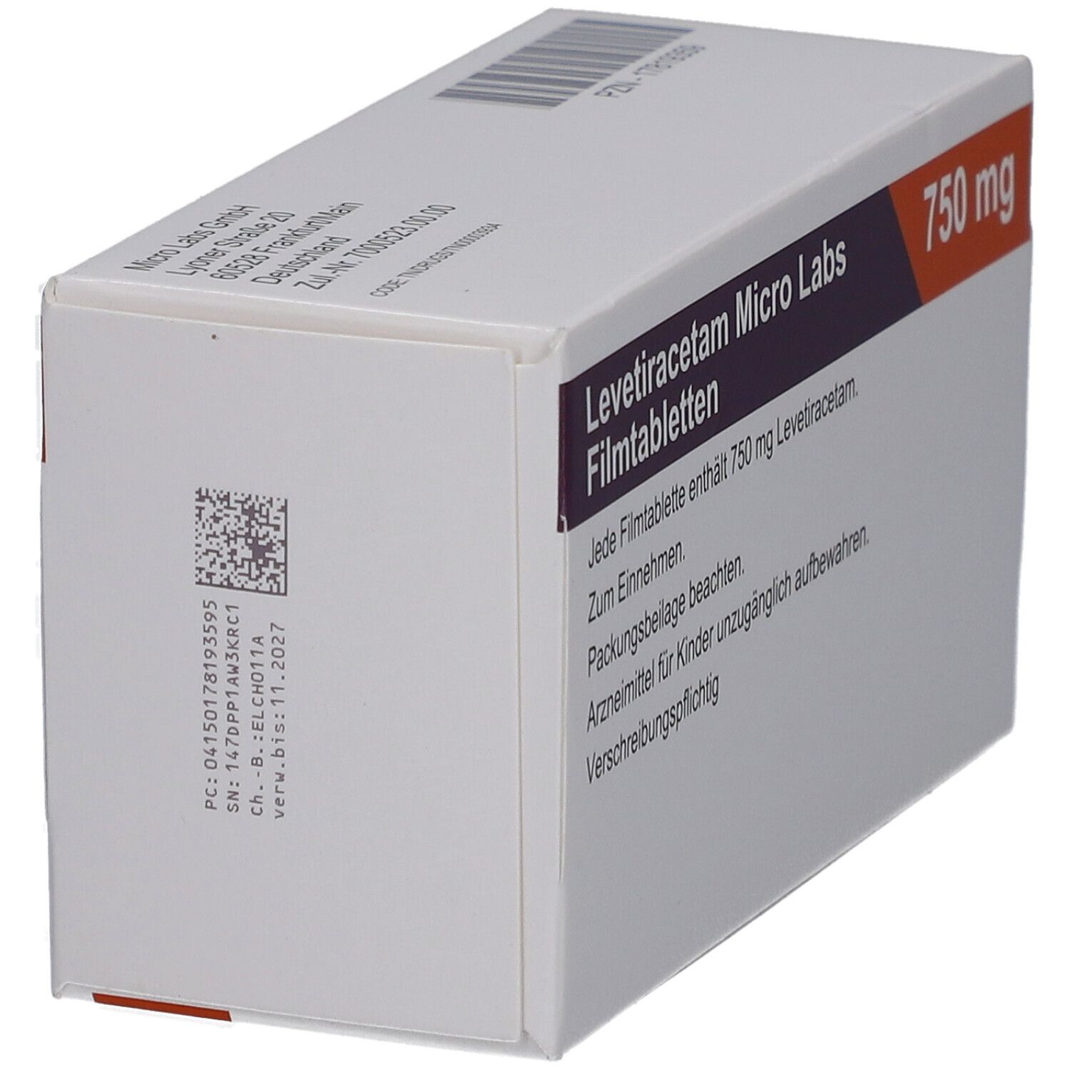 Schachtel LEVETIRACETAM Micro Labs 750 mg Filmtabletten. Text: Enthält 750 mg Levetiracetam. Packungsbeilage beachten. Seitenansicht.