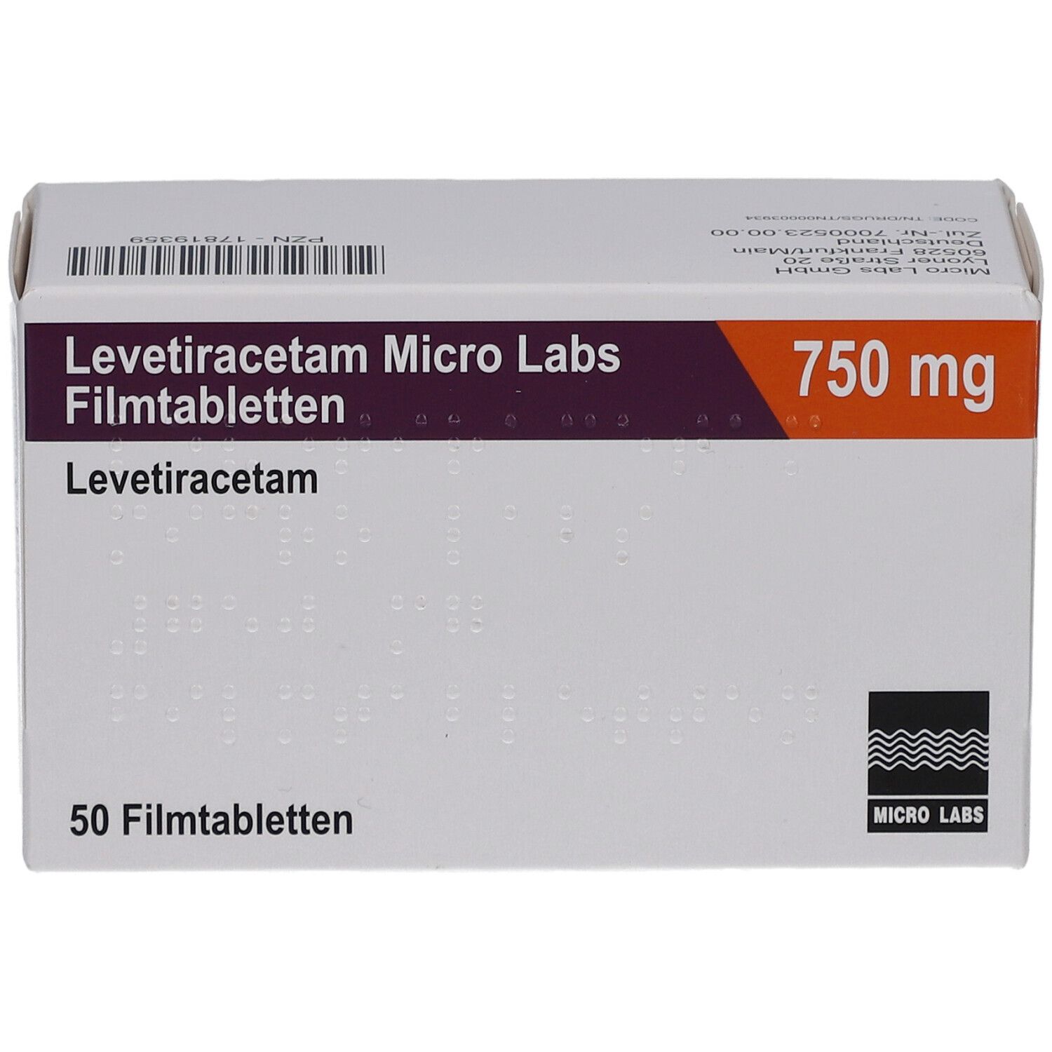Schachtel LEVETIRACETAM Micro Labs 750 mg Filmtabletten. Aufschrift: 50 Filmtabletten. Logo Micro Labs. 750 mg.