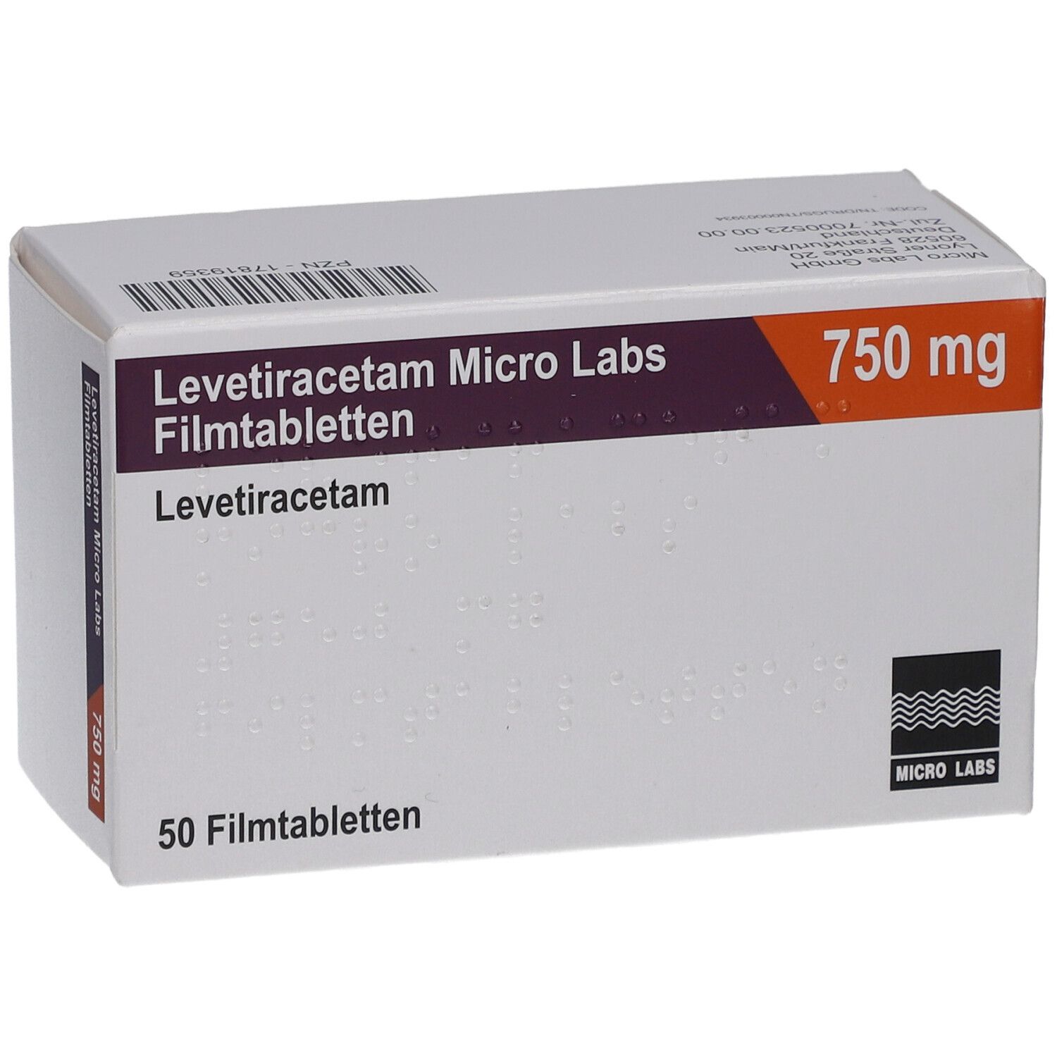 Schachtel LEVETIRACETAM Micro Labs 750 mg Filmtabletten. Aufschrift: 50 Filmtabletten. Logo Micro Labs. 750 mg. Seitenansicht.