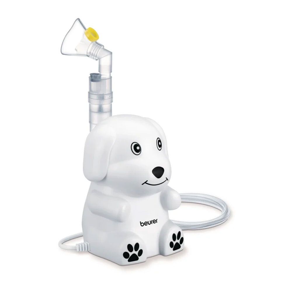 Weißer Inhalator in Hundeform. Mit Maske, Schlauch und Pfoten-Design. Marke: Beurer.