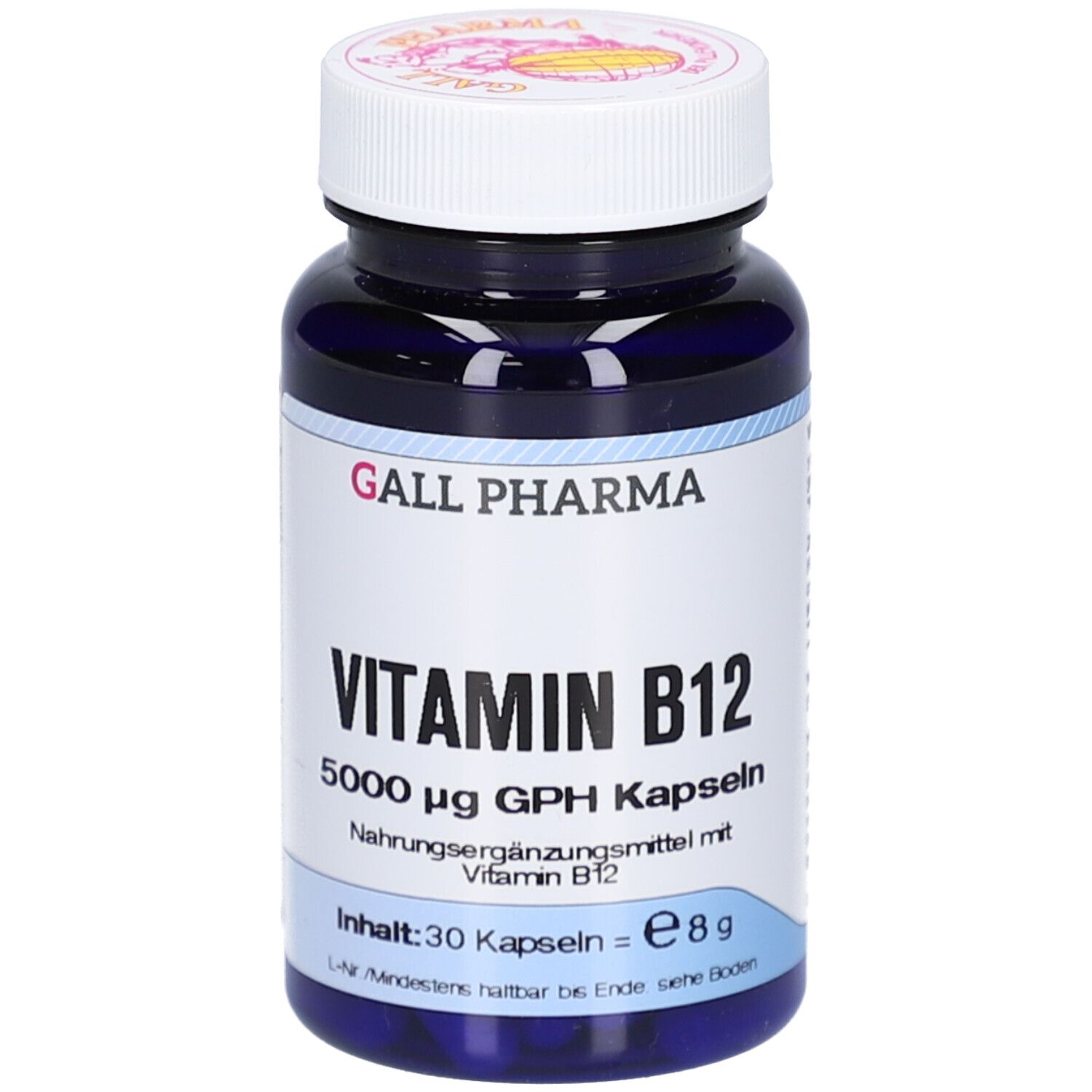 Blaue Flasche mit weißem Deckel. Aufschrift: Vitamin B12 5000 µg GPH Kapseln. Marke: GALL PHARMA.