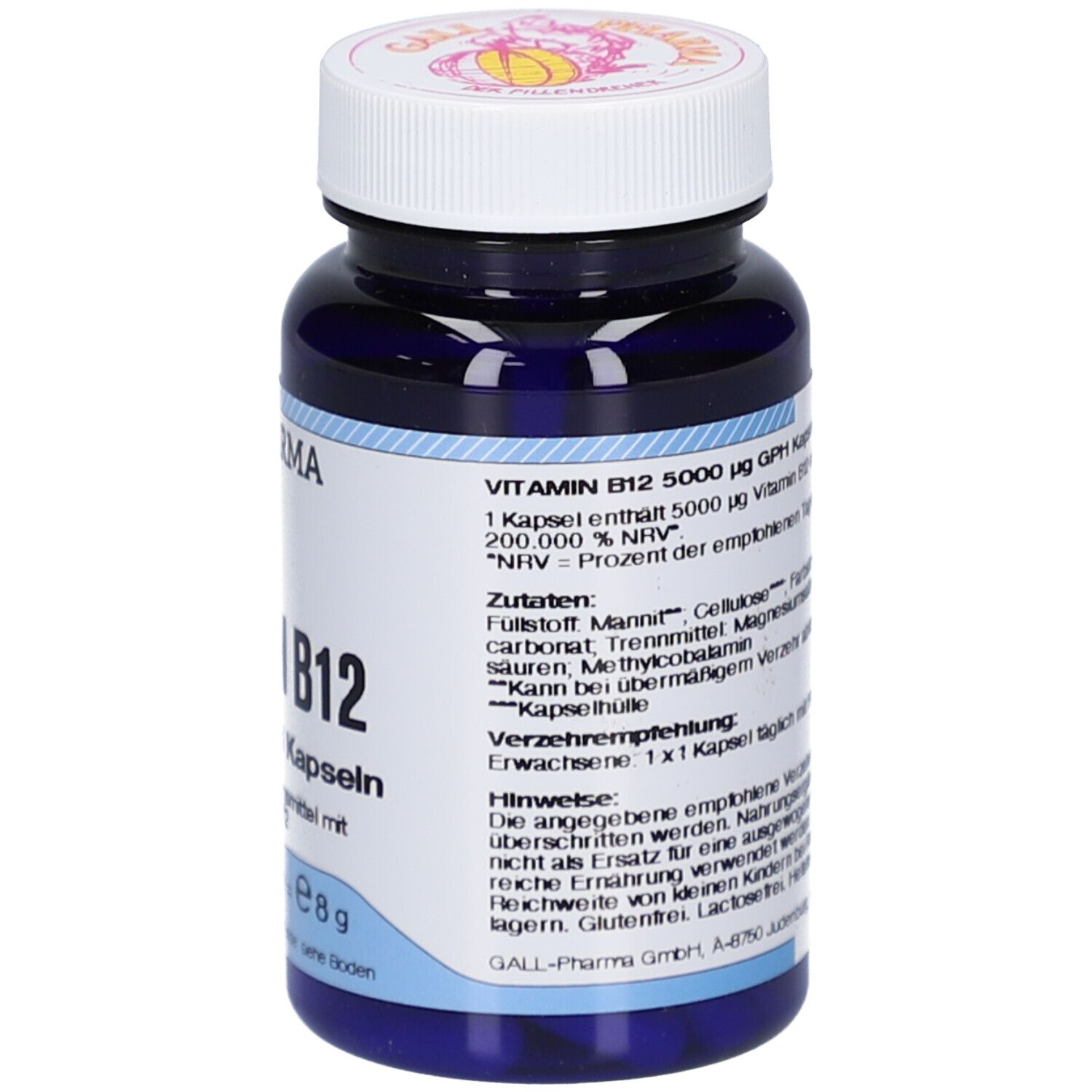 Blaue Flasche mit weißem Deckel. Aufschrift: Vitamin B12 5000 µg GPH Kapseln. Marke: GALL PHARMA. Text auf der Rückseite.