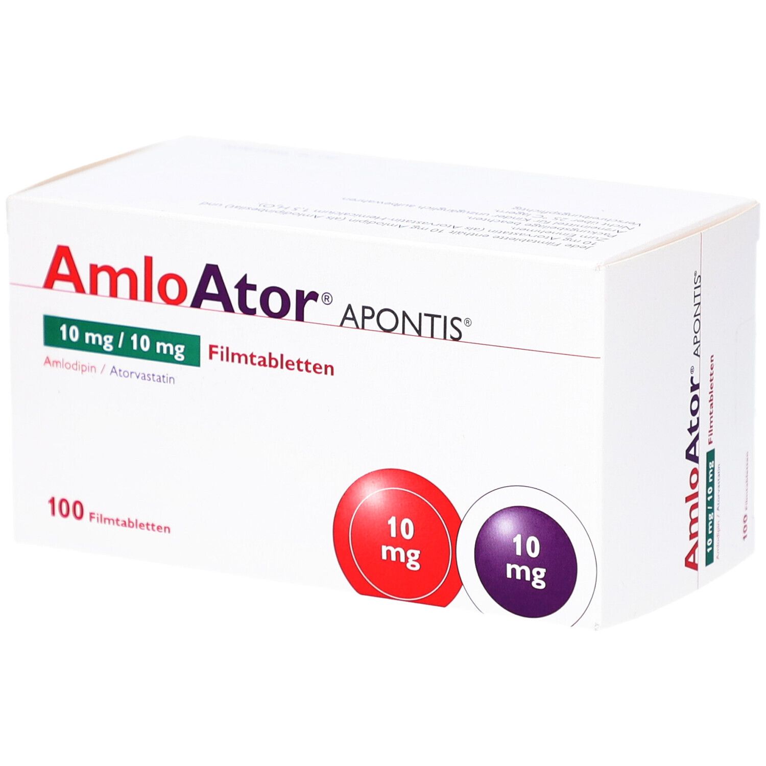 Schachtel mit AMLOATOR APONTIS Filmtabletten. Aufschrift: 10 mg/10 mg, 100 Filmtabletten. Rote und violette Kreise mit "10 mg".