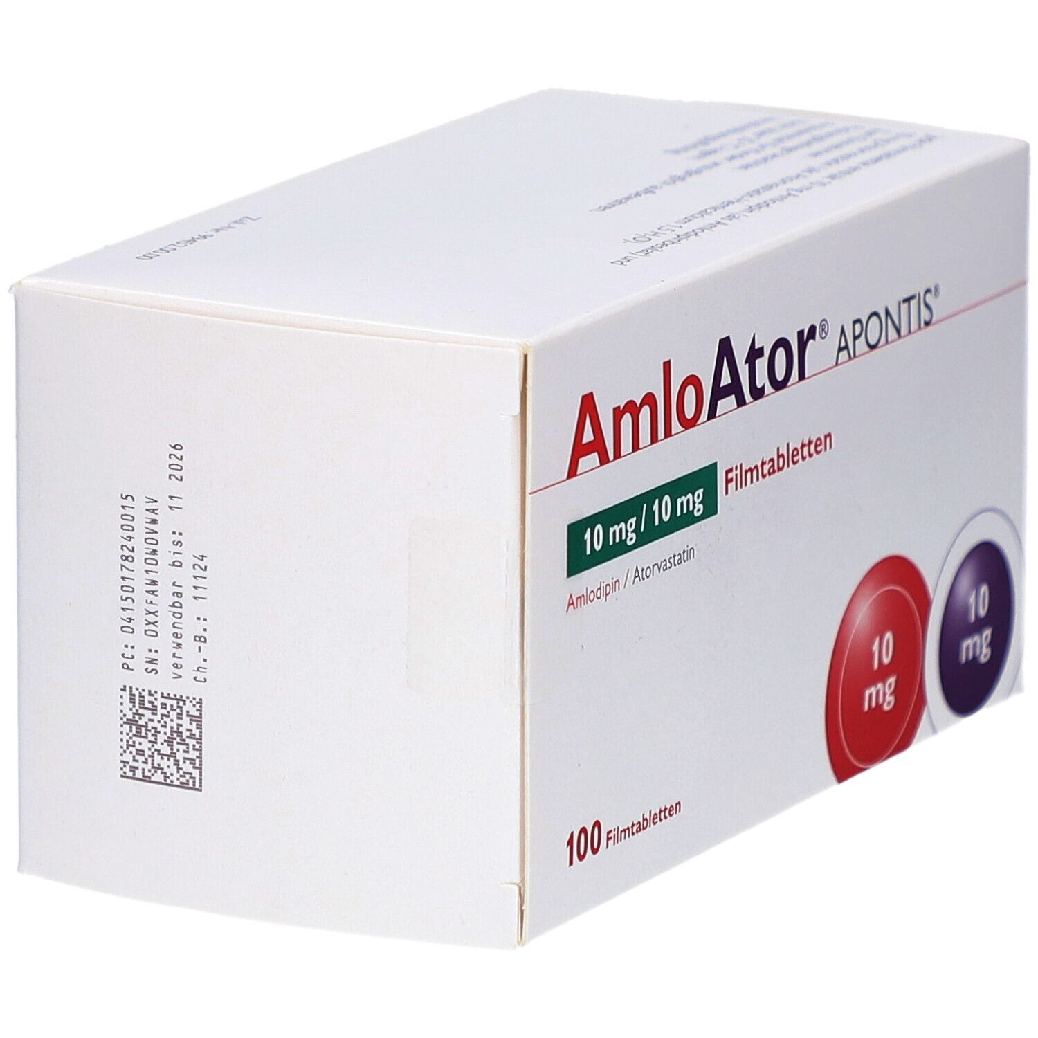 Weißer Karton, seitlich beschriftet. Schriftzug: AmlOAtor APONTIS, 10 mg/10 mg Filmtabletten, 100 Filmtabletten. QR-Code.